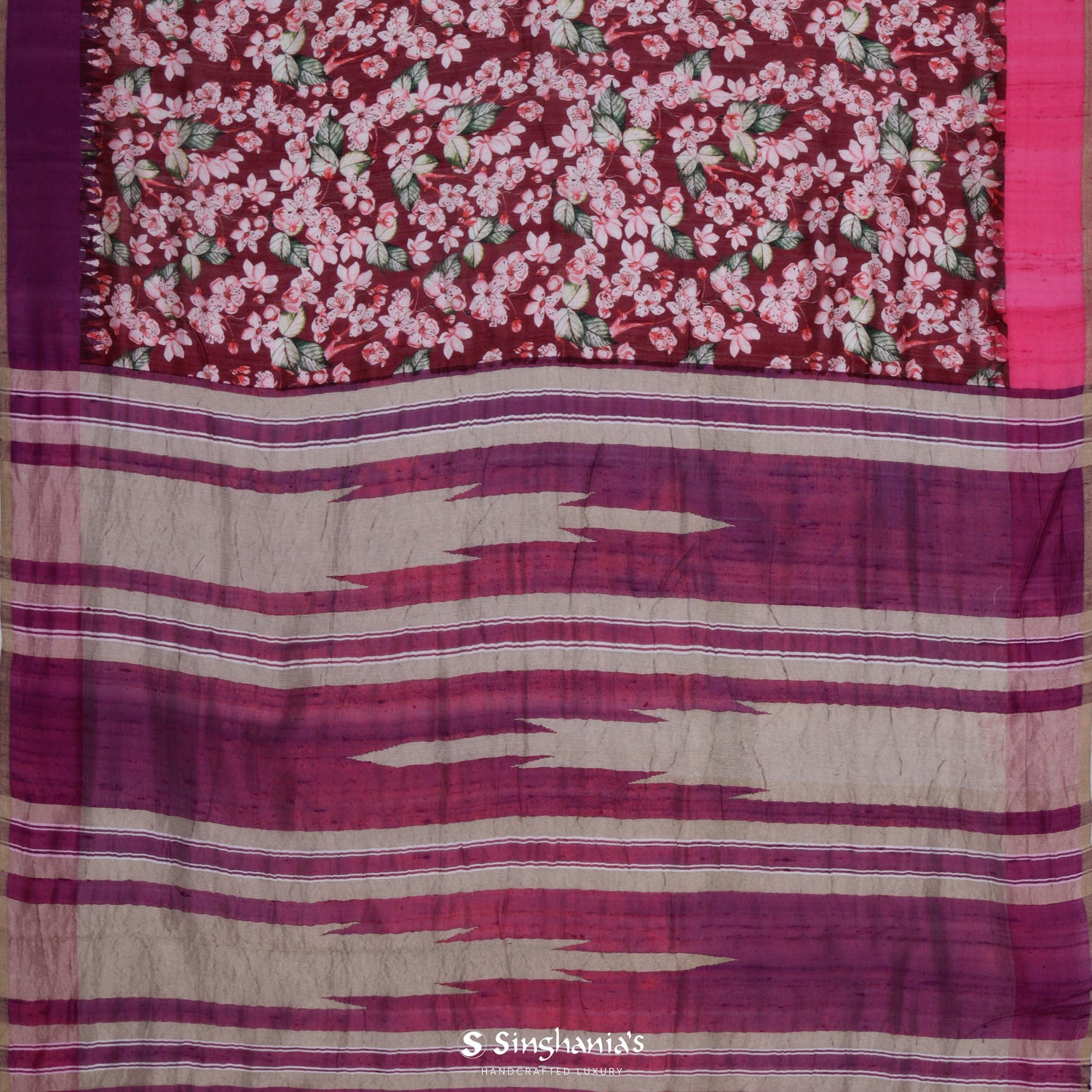 Vermilion Red Printed Dupion Saree With Floral Pattern