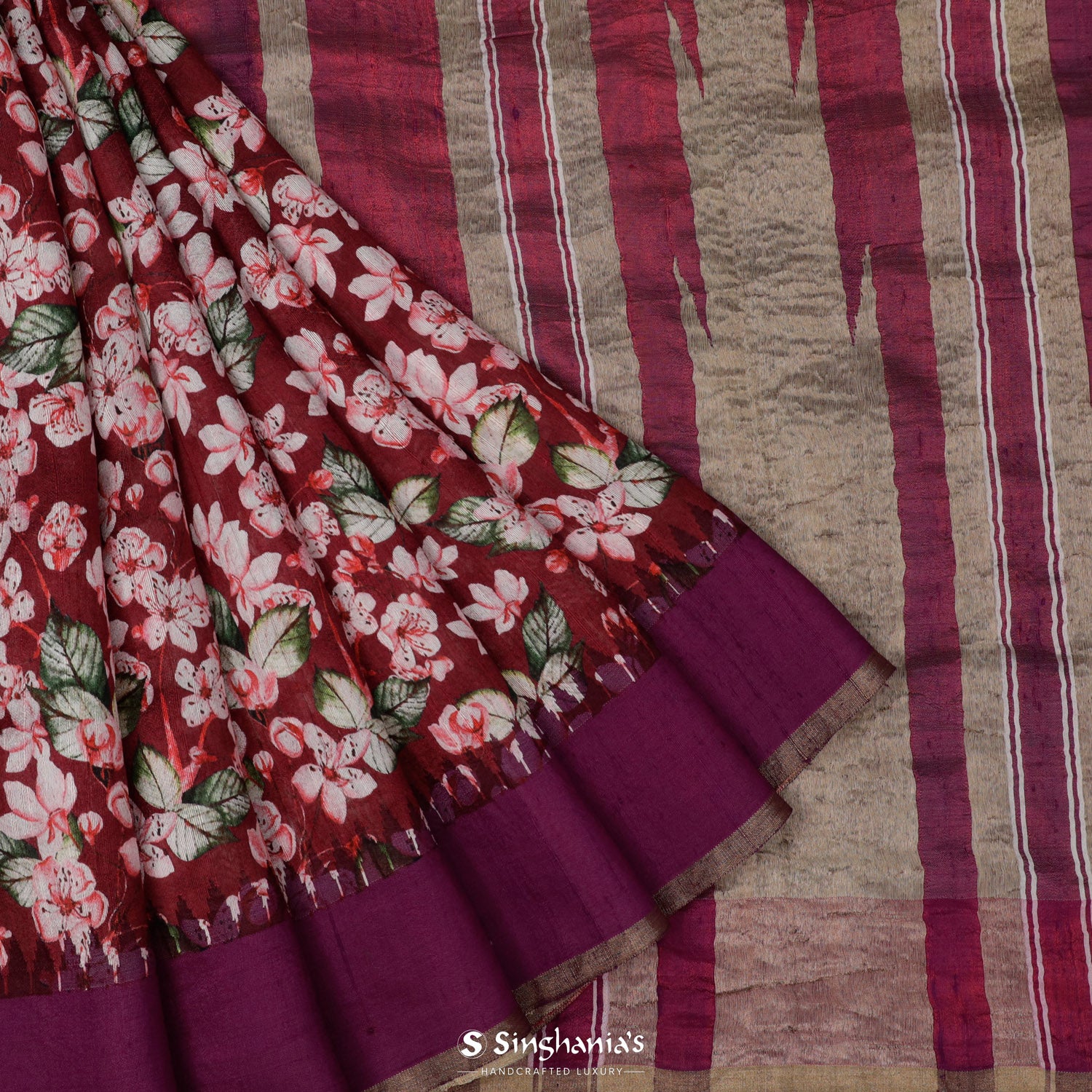 Vermilion Red Printed Dupion Saree With Floral Pattern