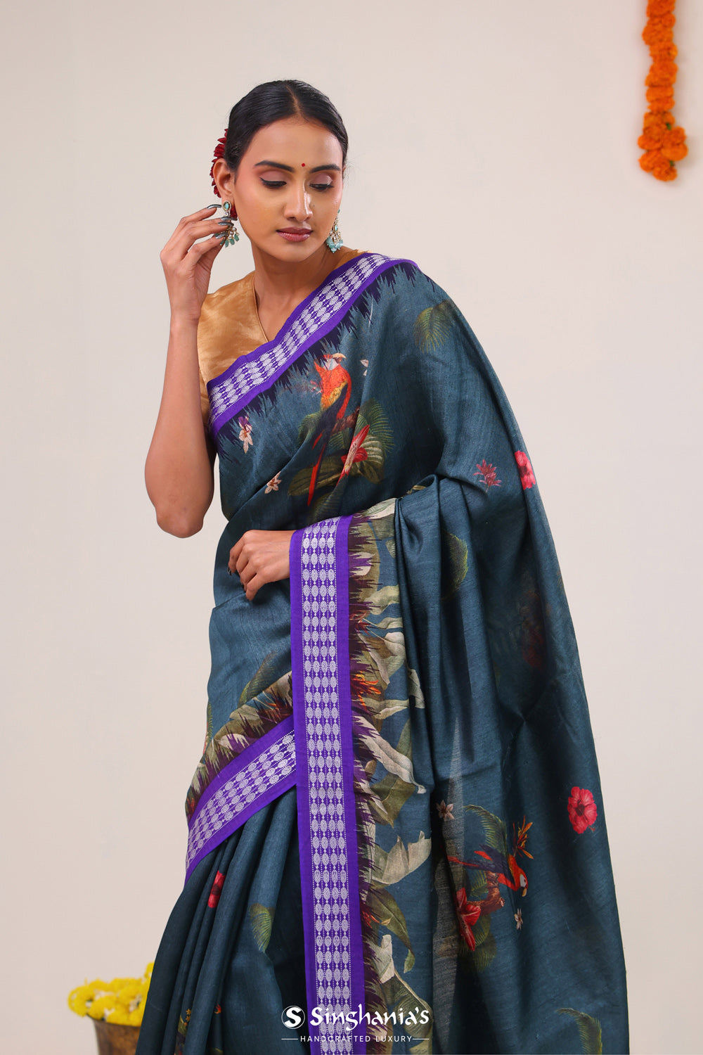 Spruce Blue Printed Tussar Silk Saree