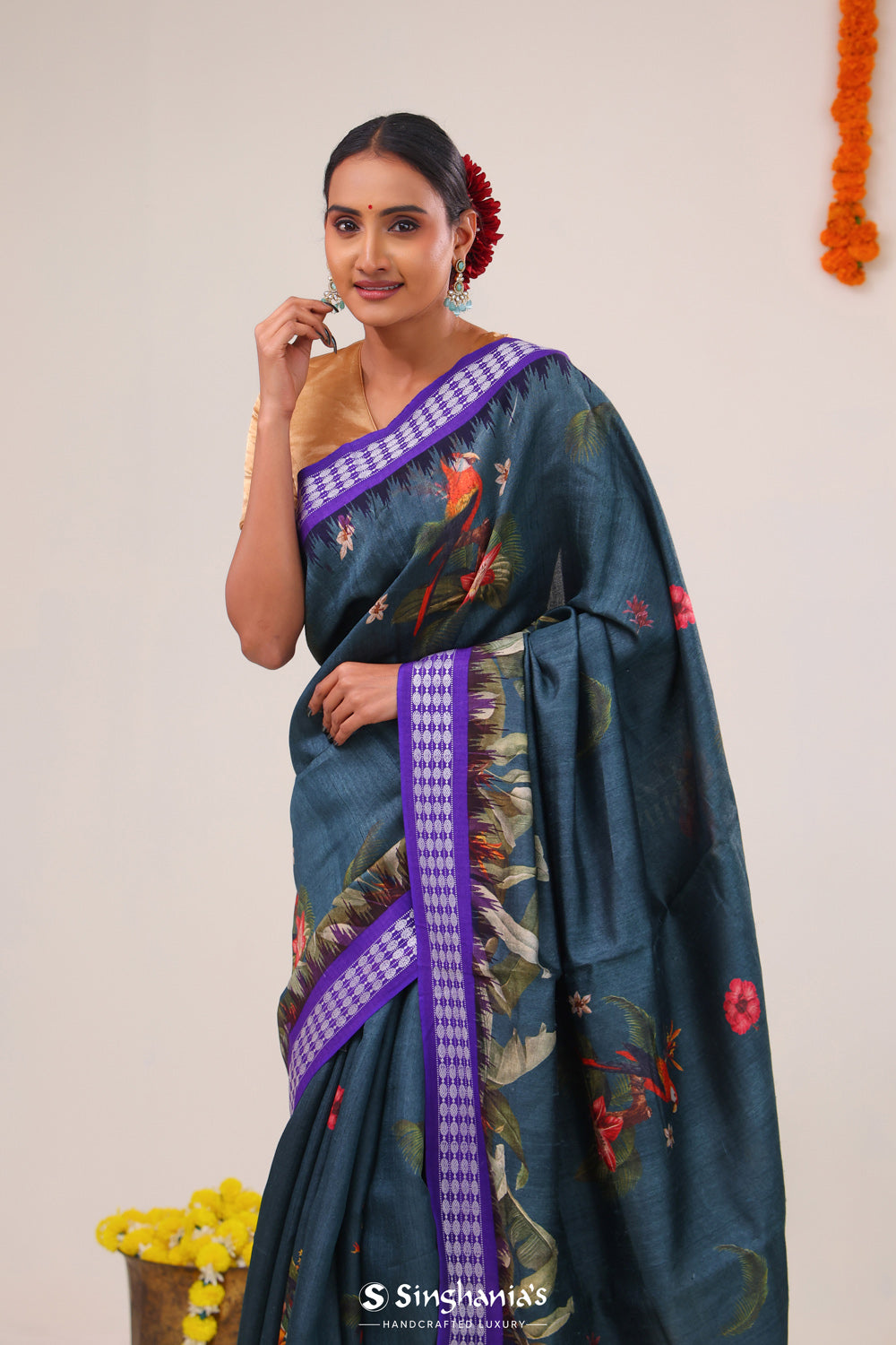 Spruce Blue Printed Tussar Silk Saree