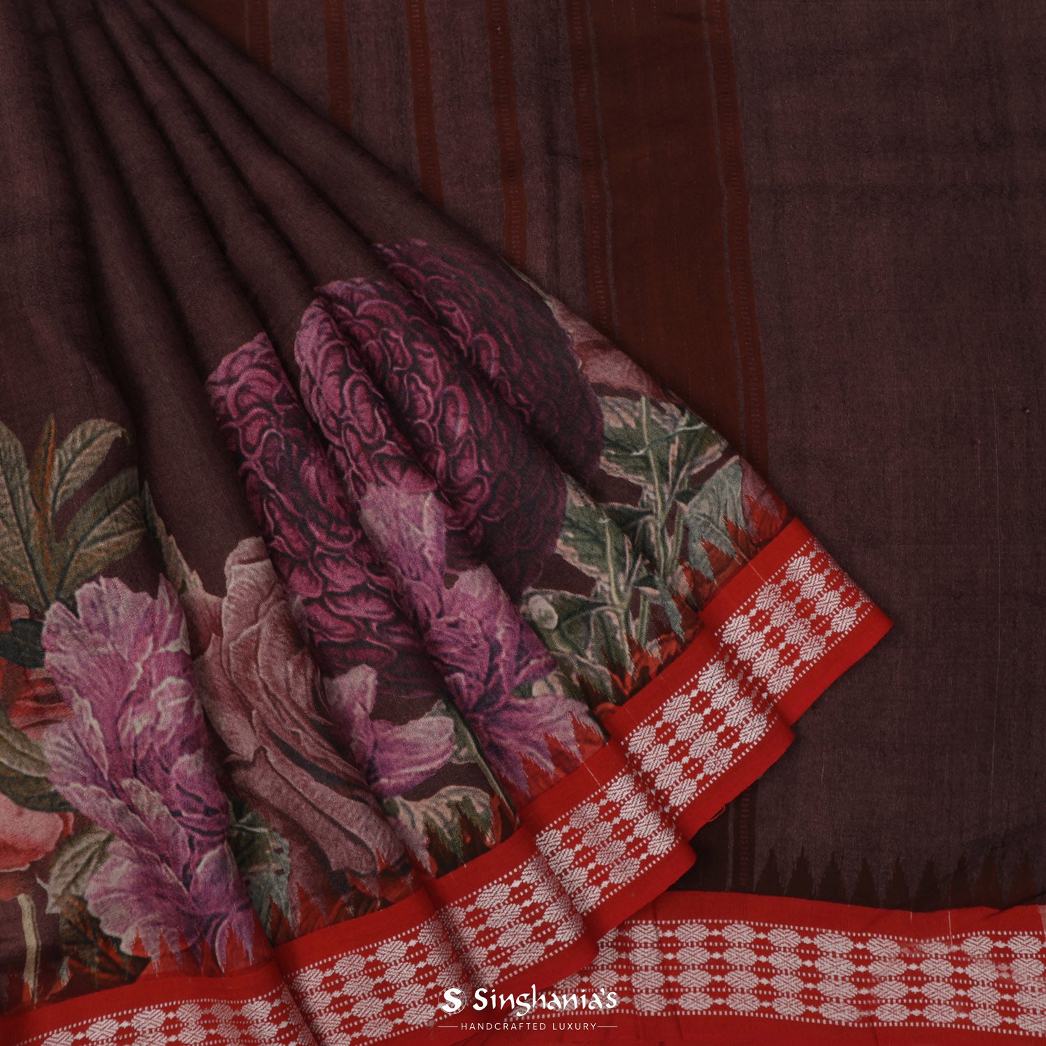 Brown Stone Tussar Silk Saree With Printed Floral Pattern