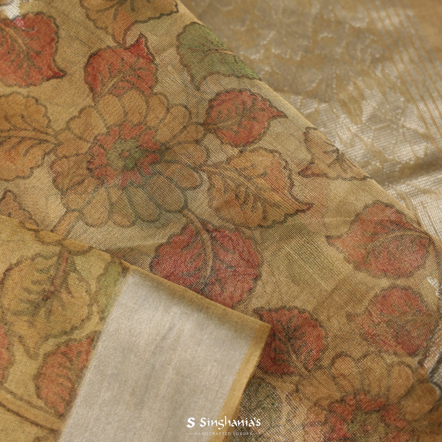 Moccasin Yellow Printed Tissue Saree With Floral Pattern