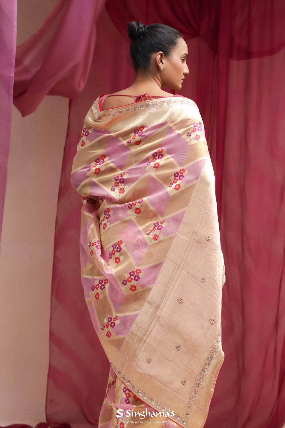 Pastel Purple - Gold Organza Designer Saree With Floral Embroidery