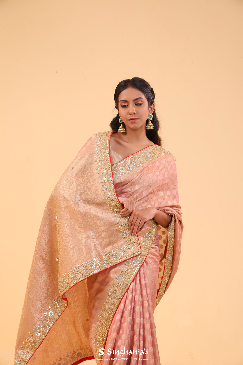 Pastel Peach Silk Designer Saree With Floral Embroidery