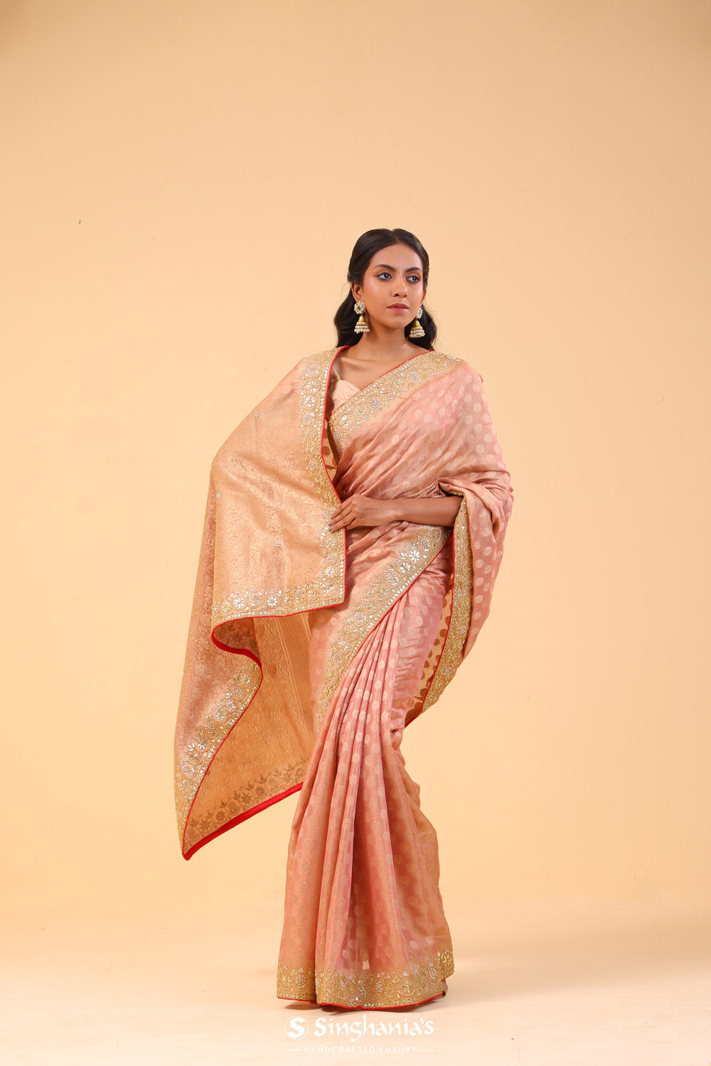 Pastel Peach Silk Designer Saree With Floral Embroidery