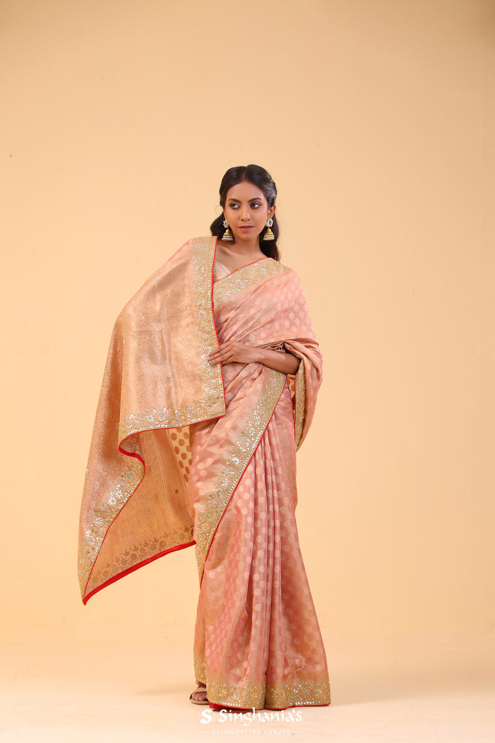 Pastel Peach Silk Designer Saree With Floral Embroidery