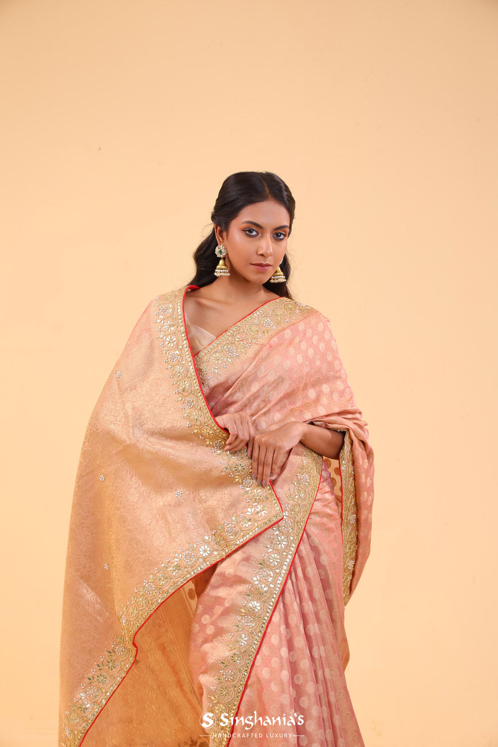 Pastel Peach Silk Designer Saree With Floral Embroidery