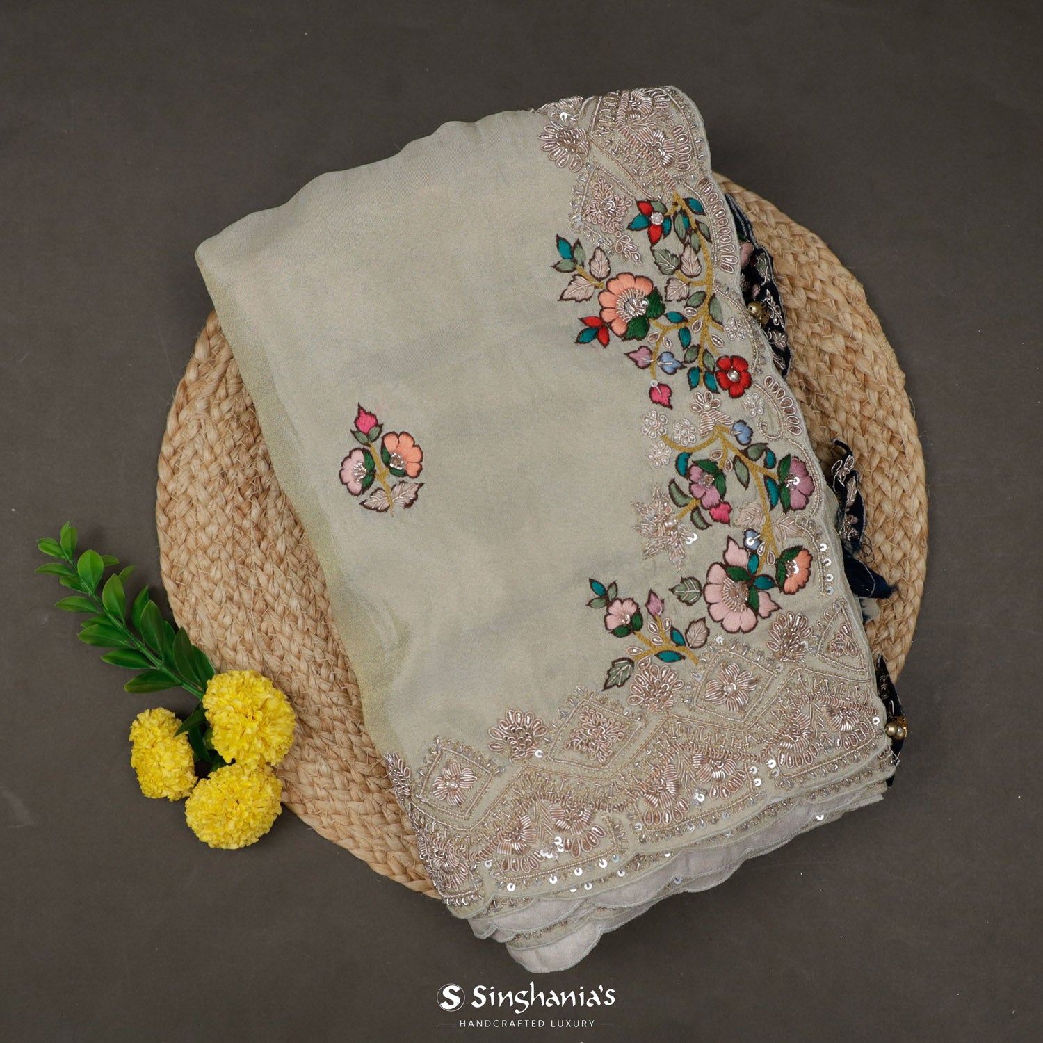 Old Wood White Silk Saree With Hand Embroidery