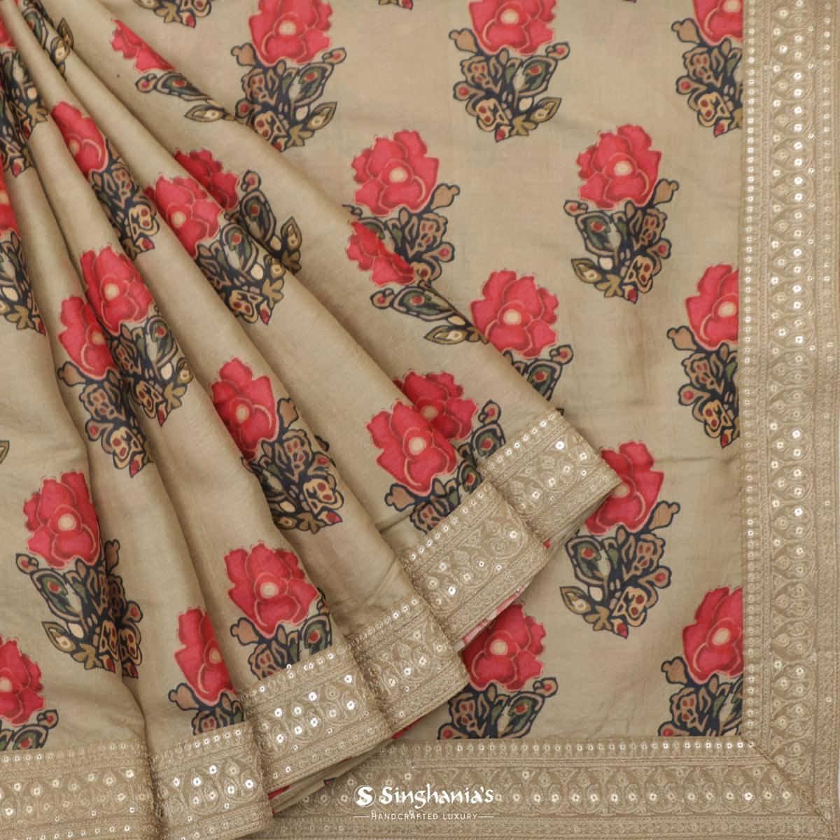 Cloud Cream Printed Tussar Saree With Floral Pattern
