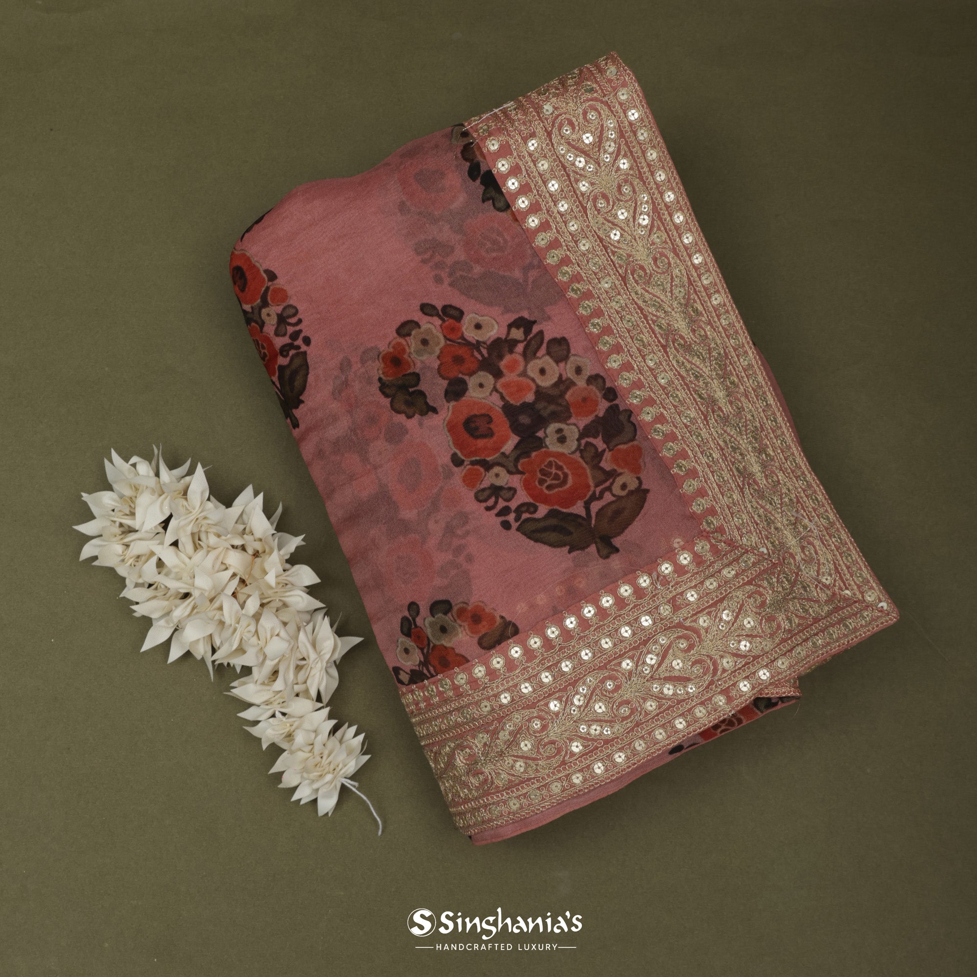 Strawberry Pink Printed Organza Saree With Embroidery