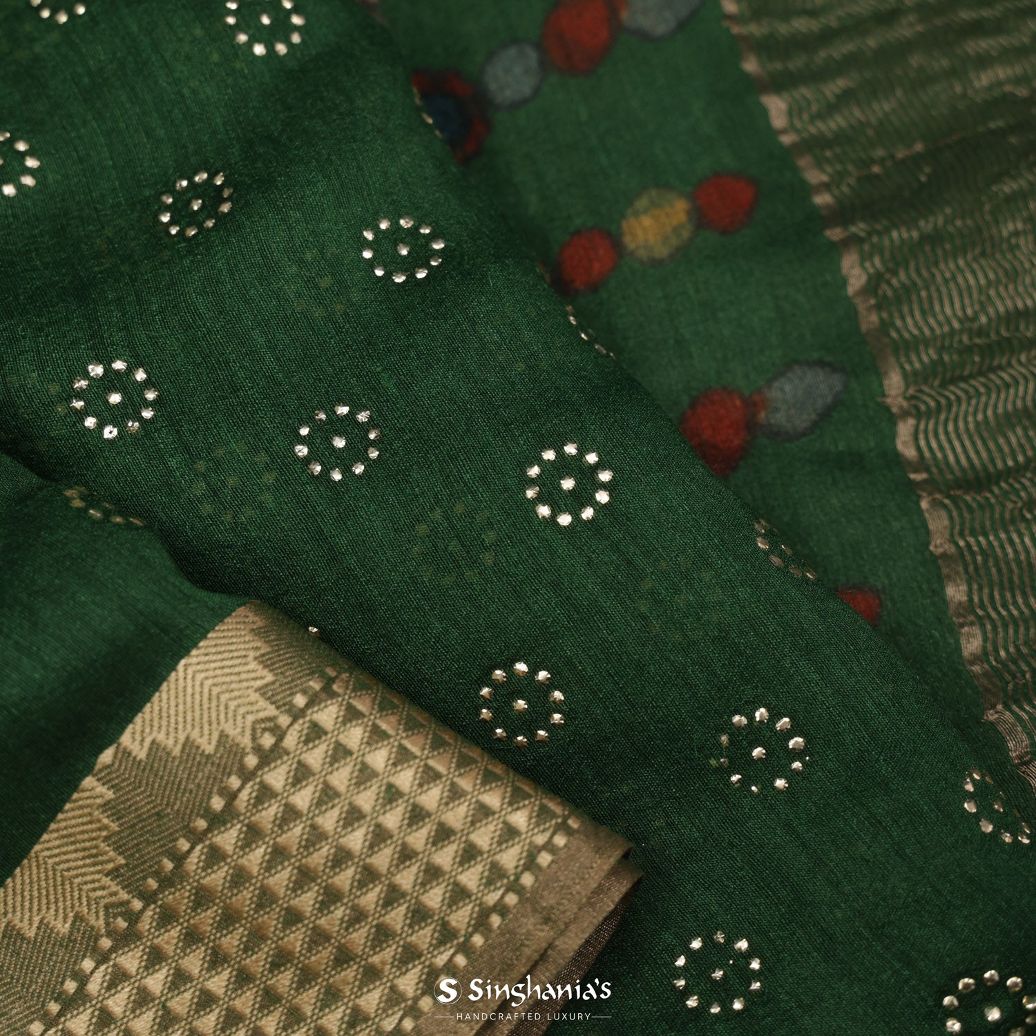 Amazon Green Moonga Saree With Foil Printed With Kalamkari Pallu