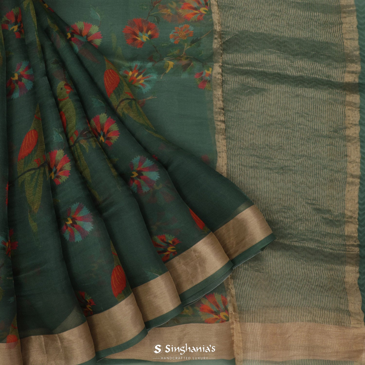 Medium Jungle Green Printed Organza Saree With Flora-Fauna Pattern