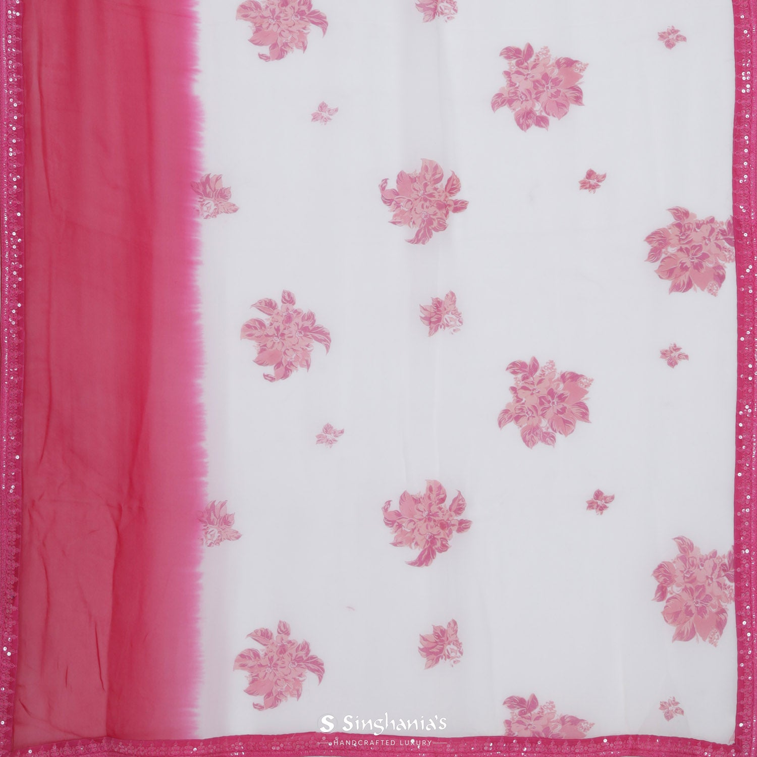 Frost White Printed Georgette Saree With Floral Pattern And Contrast Pink Big Border