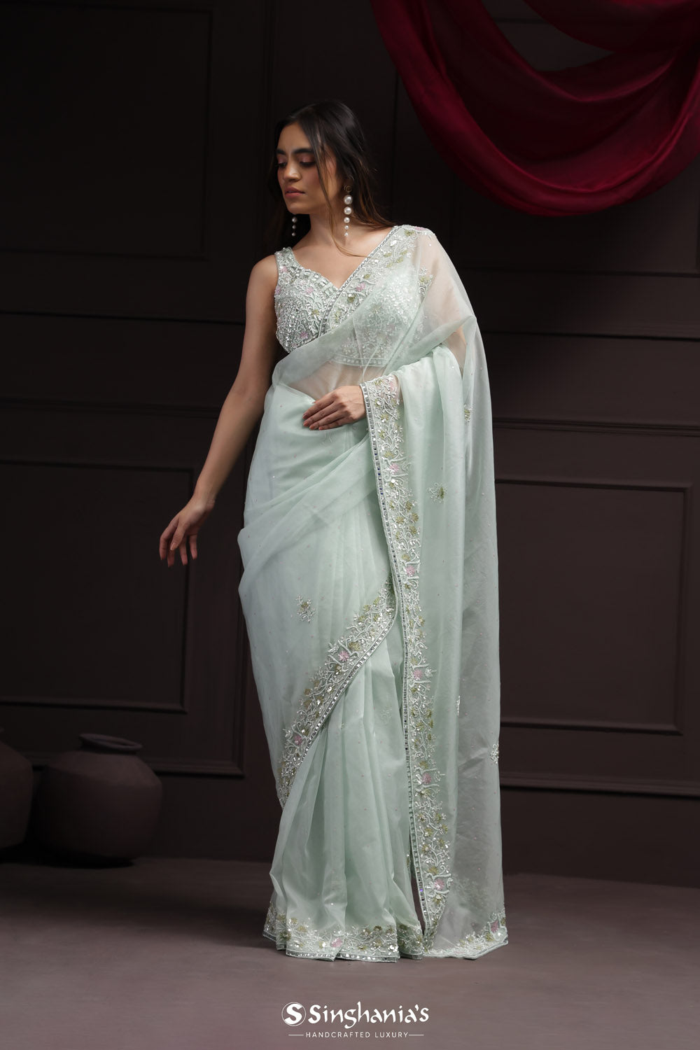 Marian Blue Tissue Designer Saree With Floral Embroidery