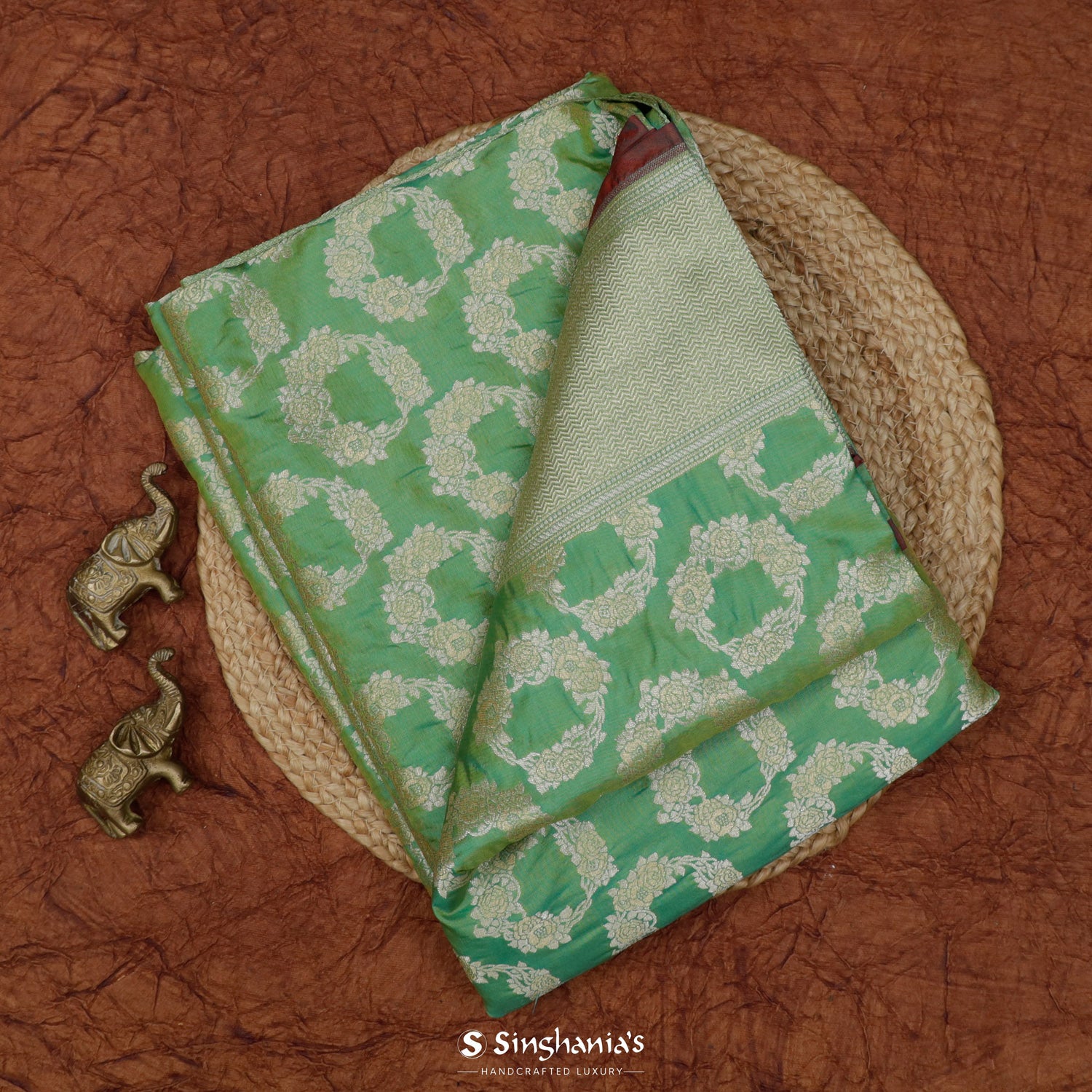 Medium Sea Green Banarasi Silk Saree With Floral Buttis Pattern