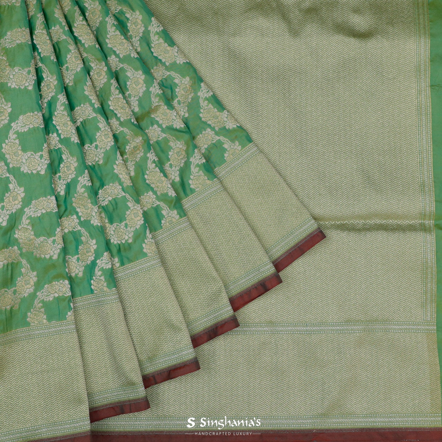 Medium Sea Green Banarasi Silk Saree With Floral Buttis Pattern