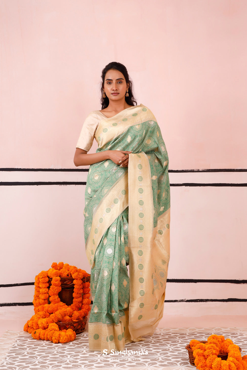 Pastel Green Banarasi Silk Saree With Detailed Floral Weaving