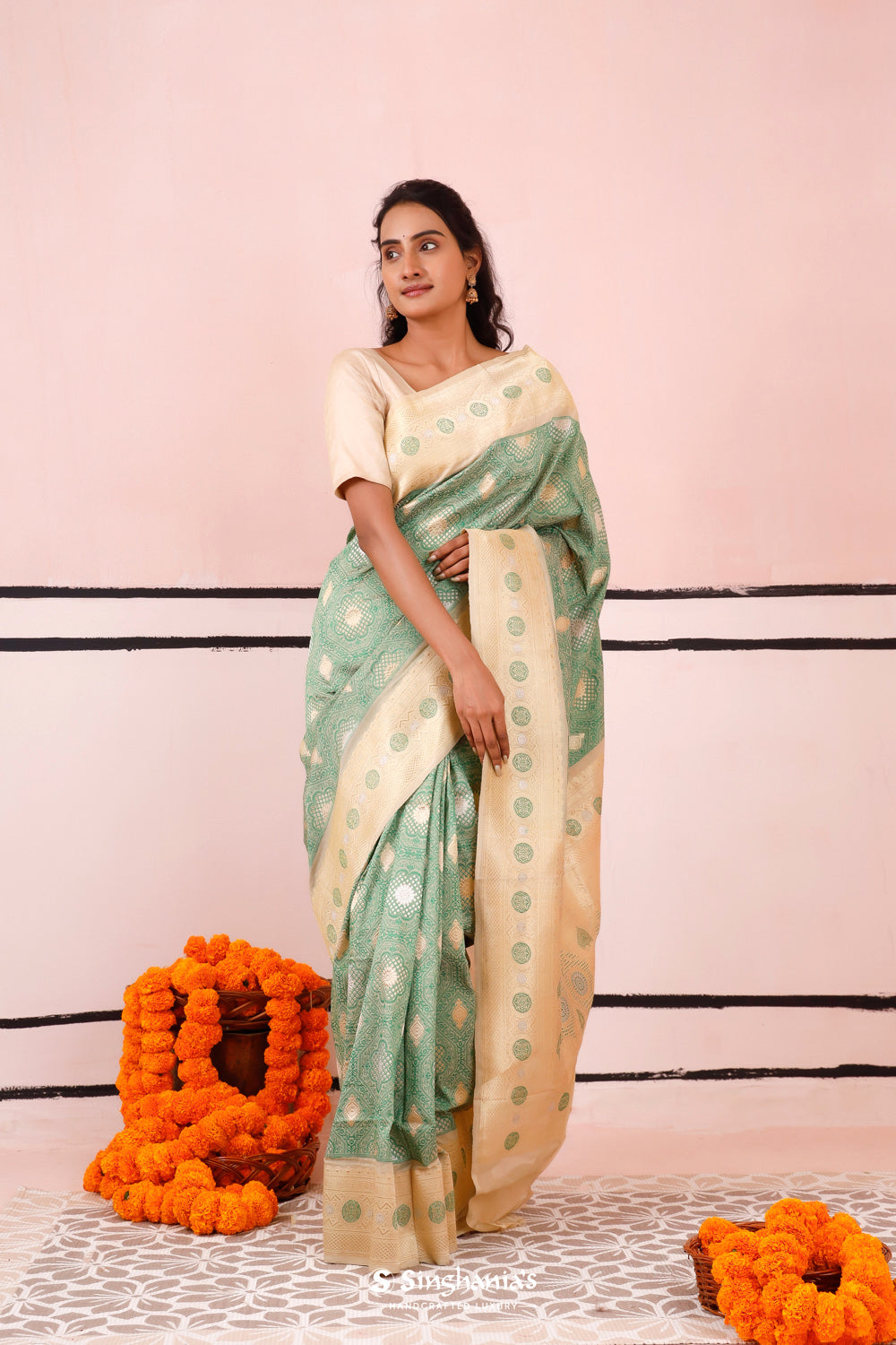 Pastel Green Banarasi Silk Saree With Detailed Floral Weaving