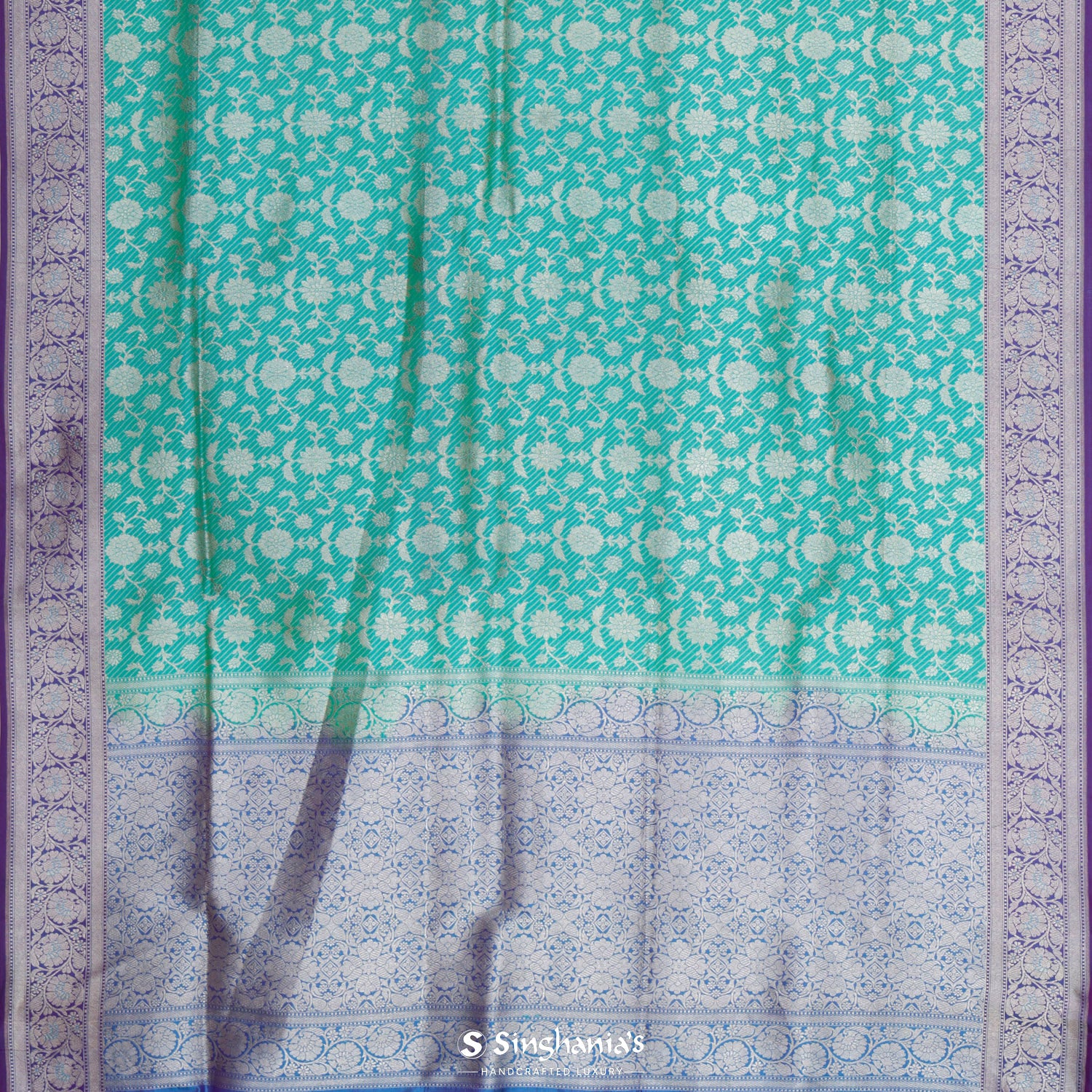 Persian Green Silk Saree With Banarasi Weaving In Floral Pattern