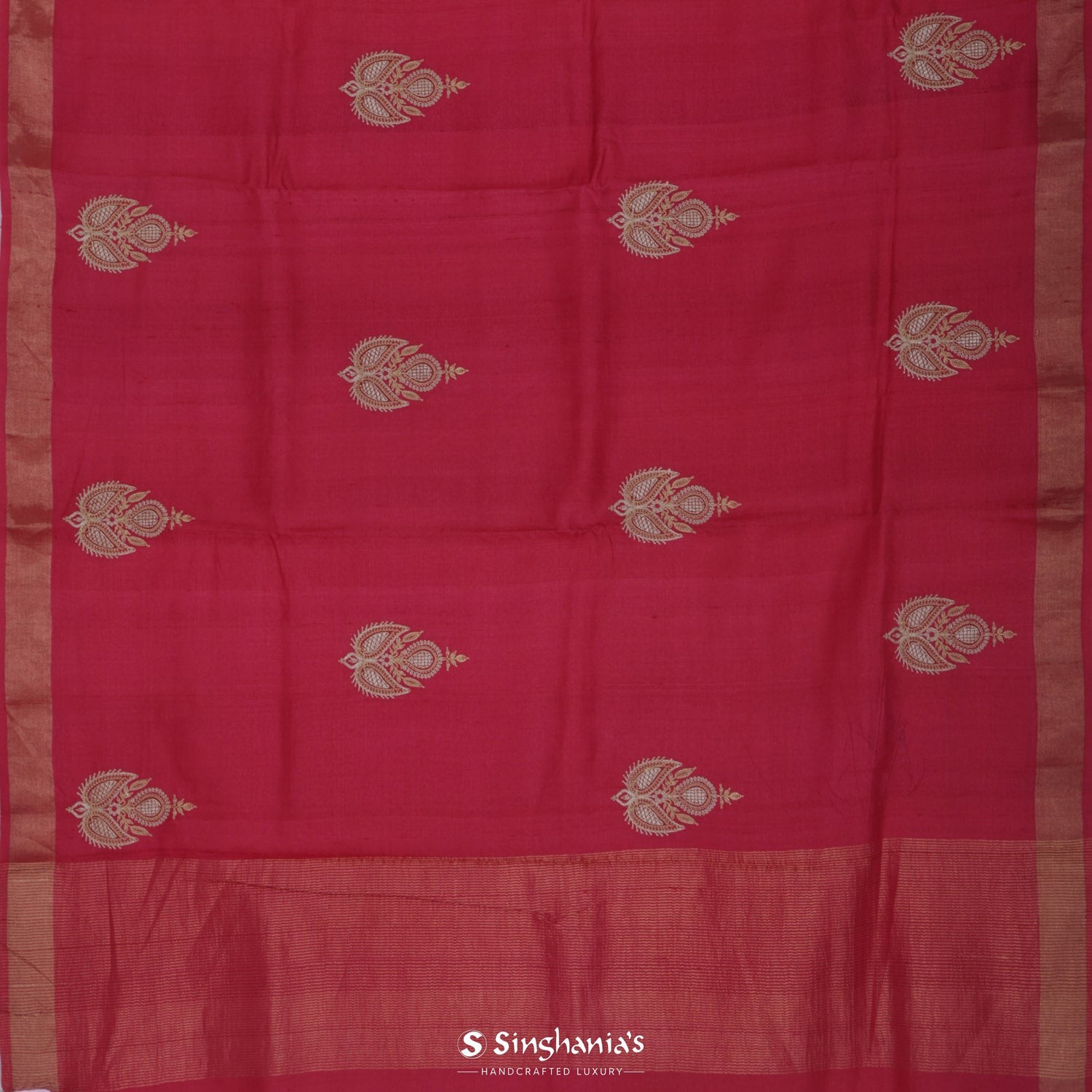 Alabama Crimson Red Tussar Silk Saree With Floral Buttis