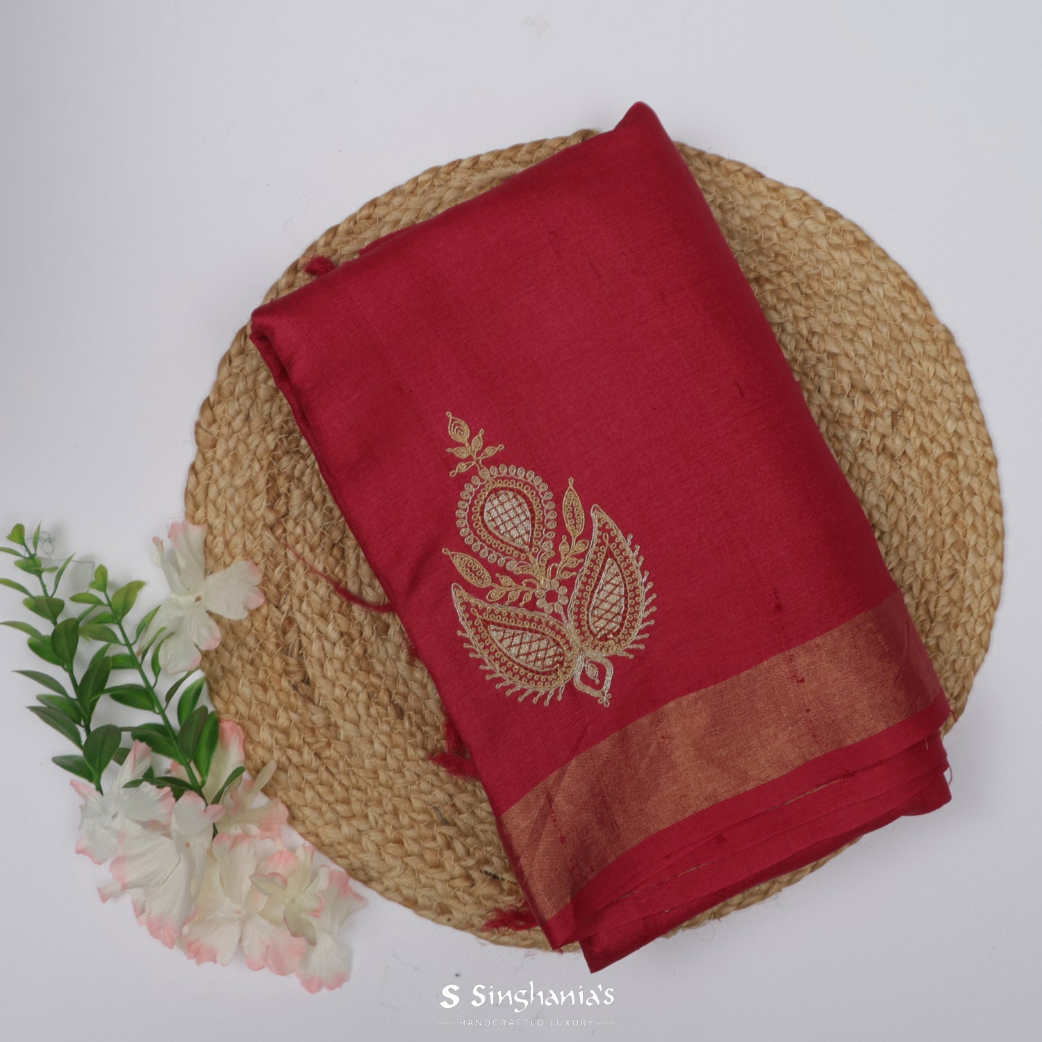 Alabama Crimson Red Tussar Silk Saree With Floral Buttis