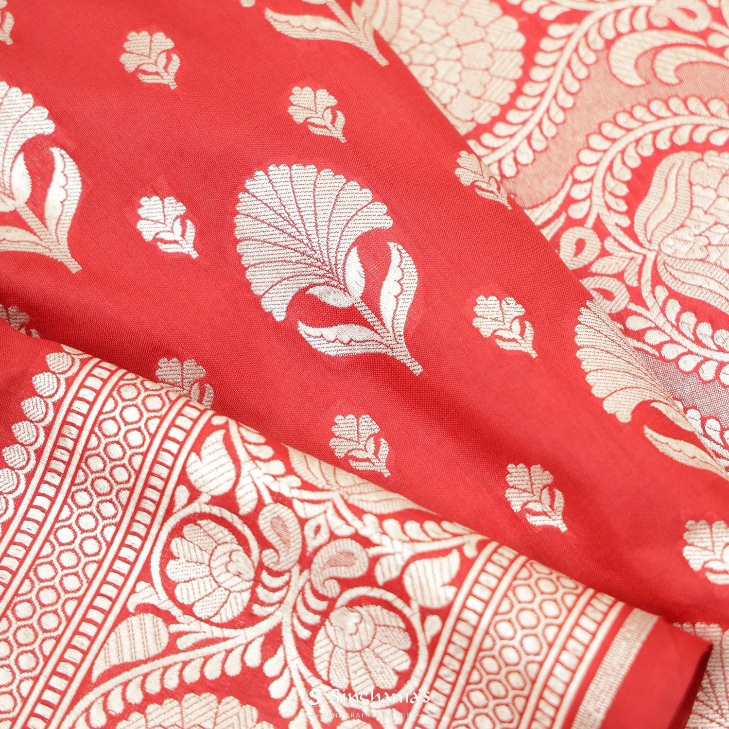 Pigment Red Silk Saree With Floral Banarasi Weaving
