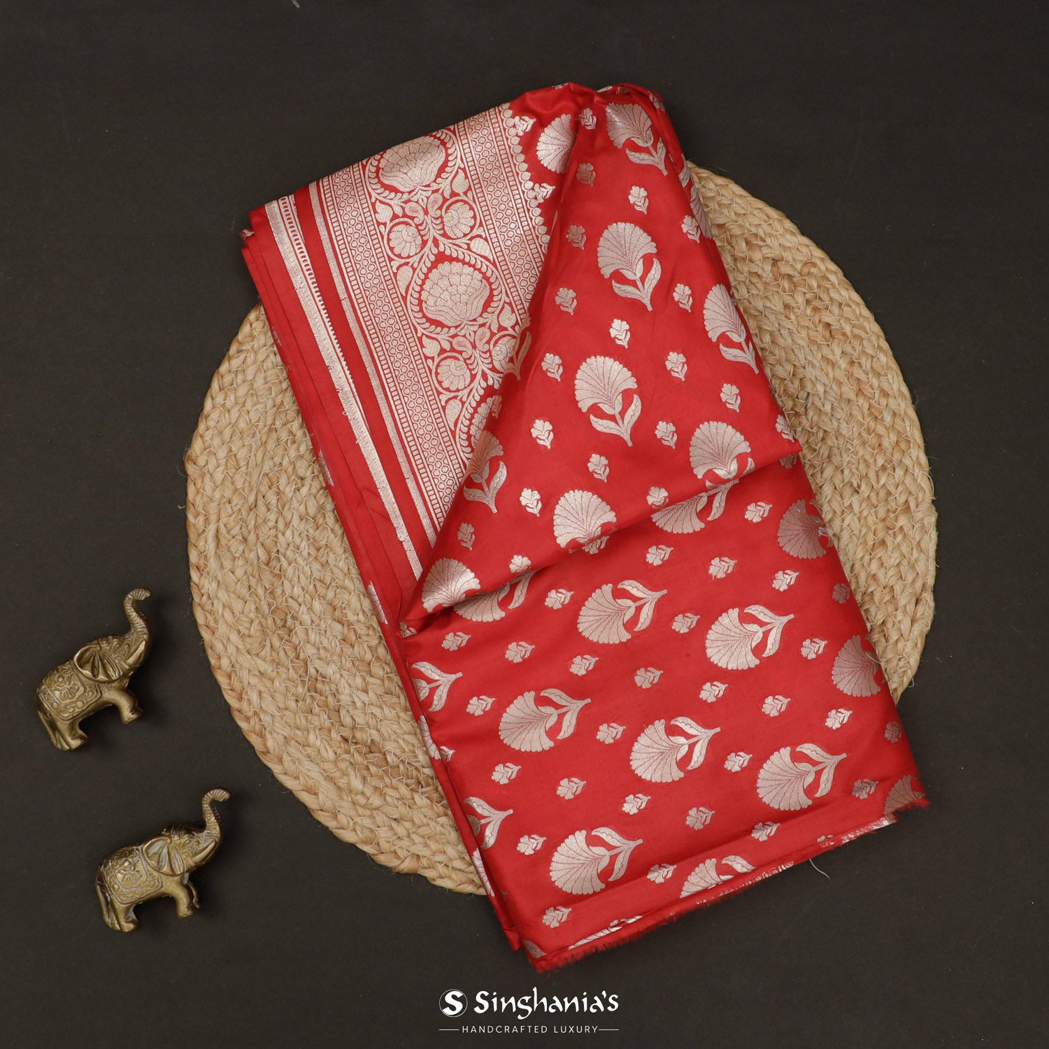 Pigment Red Silk Saree With Floral Banarasi Weaving