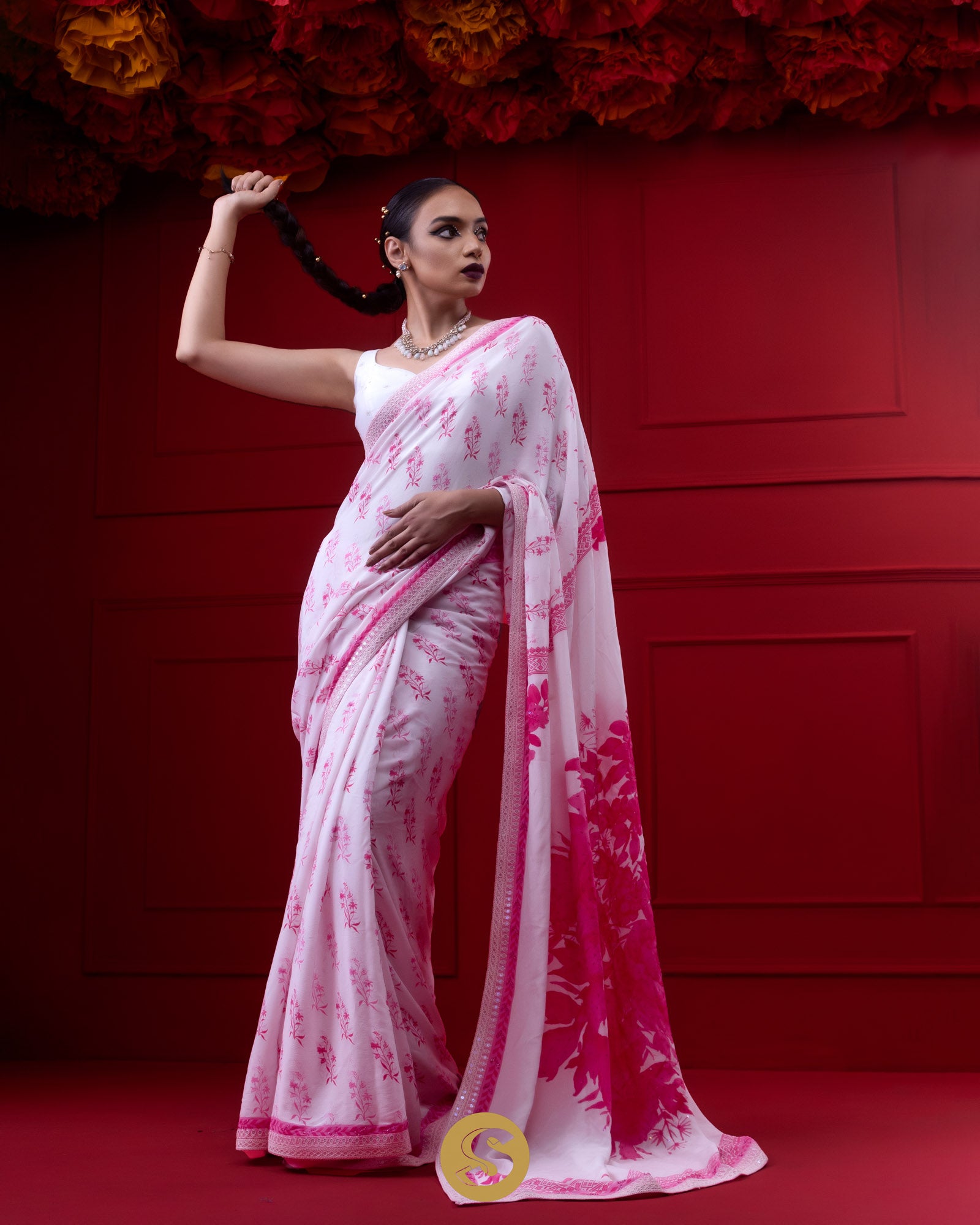 White Crepe Designer Saree With Printed Floral Motifs