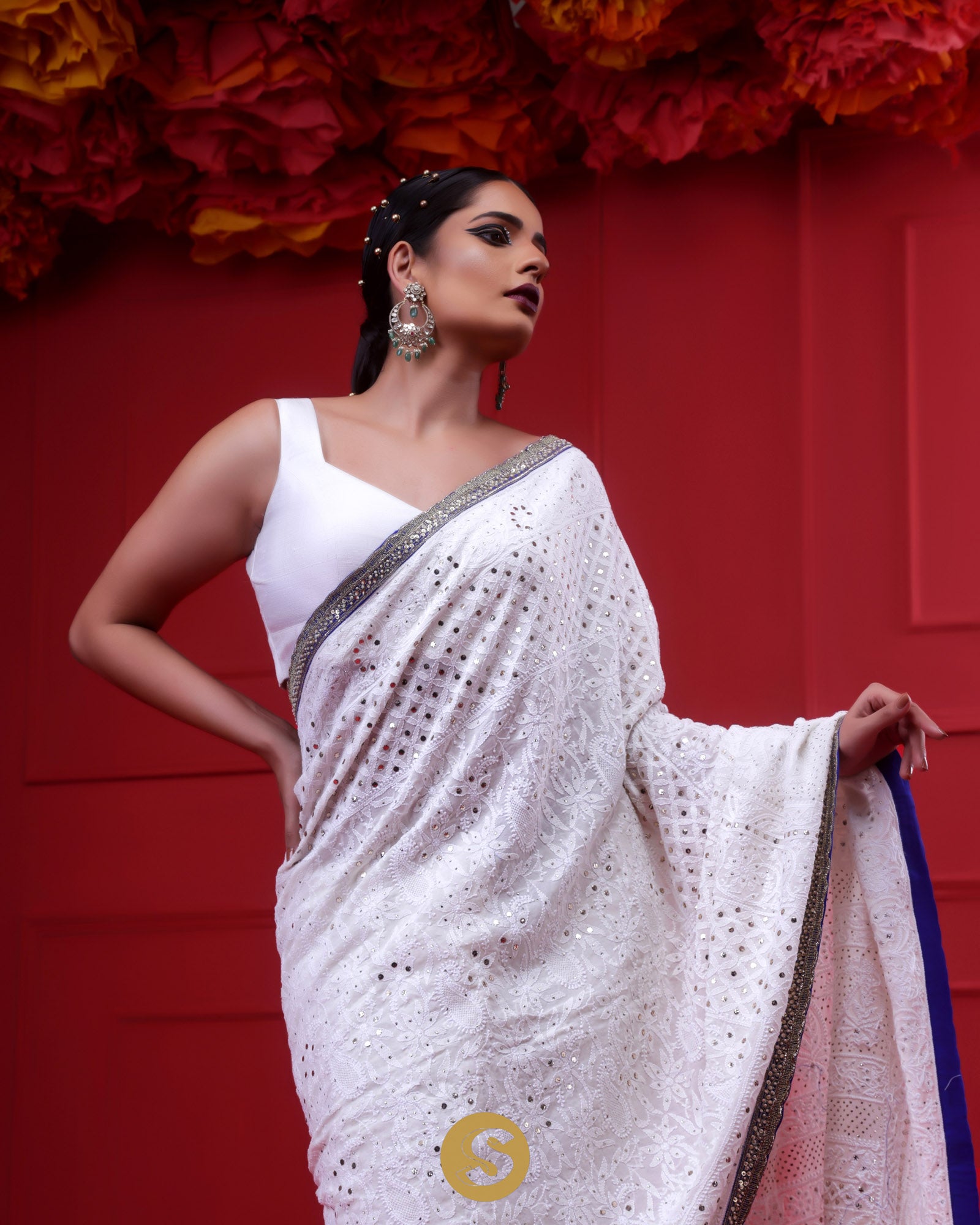 Bright White Georgette Designer Saree With Hand Embroidery