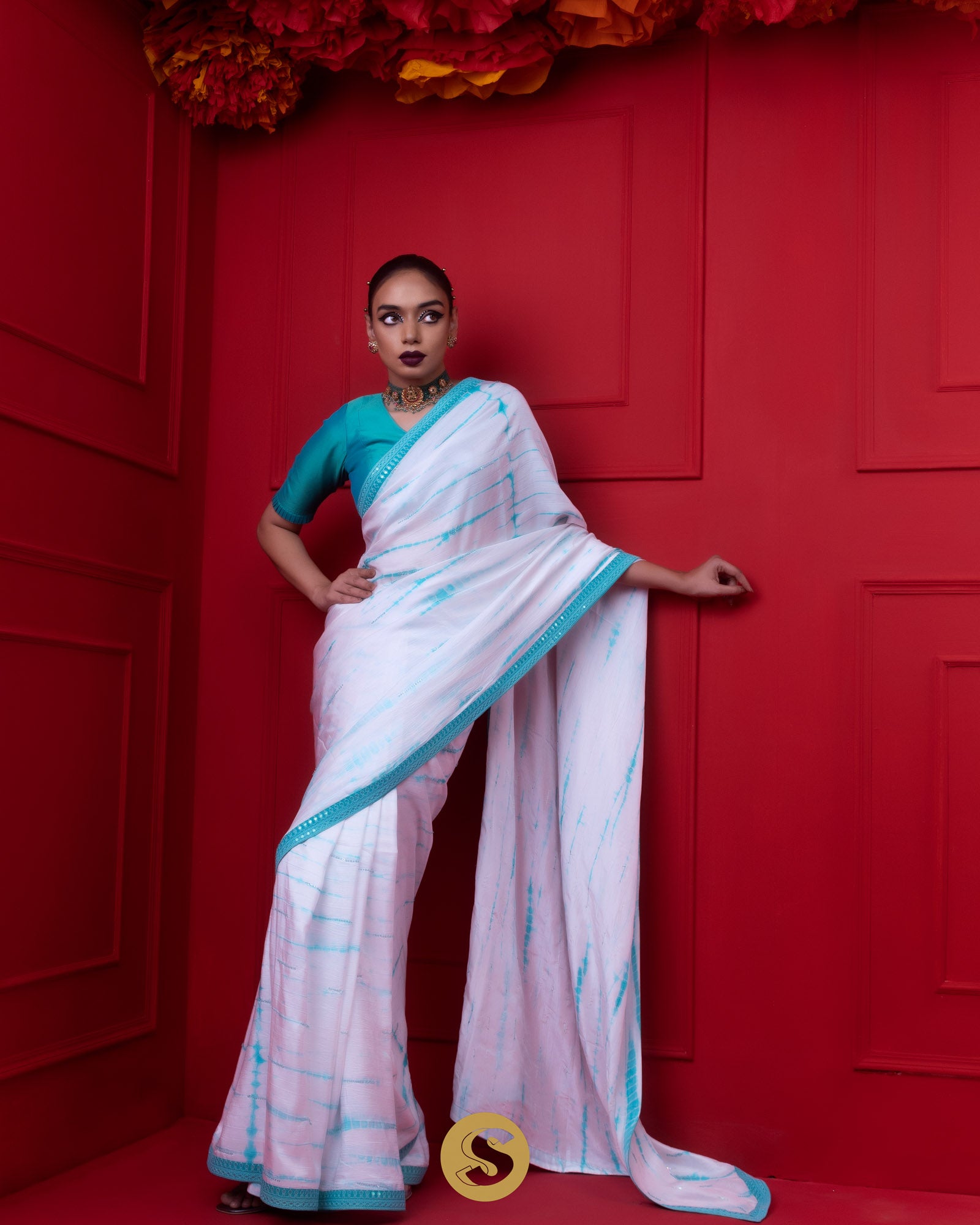 Bright White Printed Silk Saree With Embroidery Border