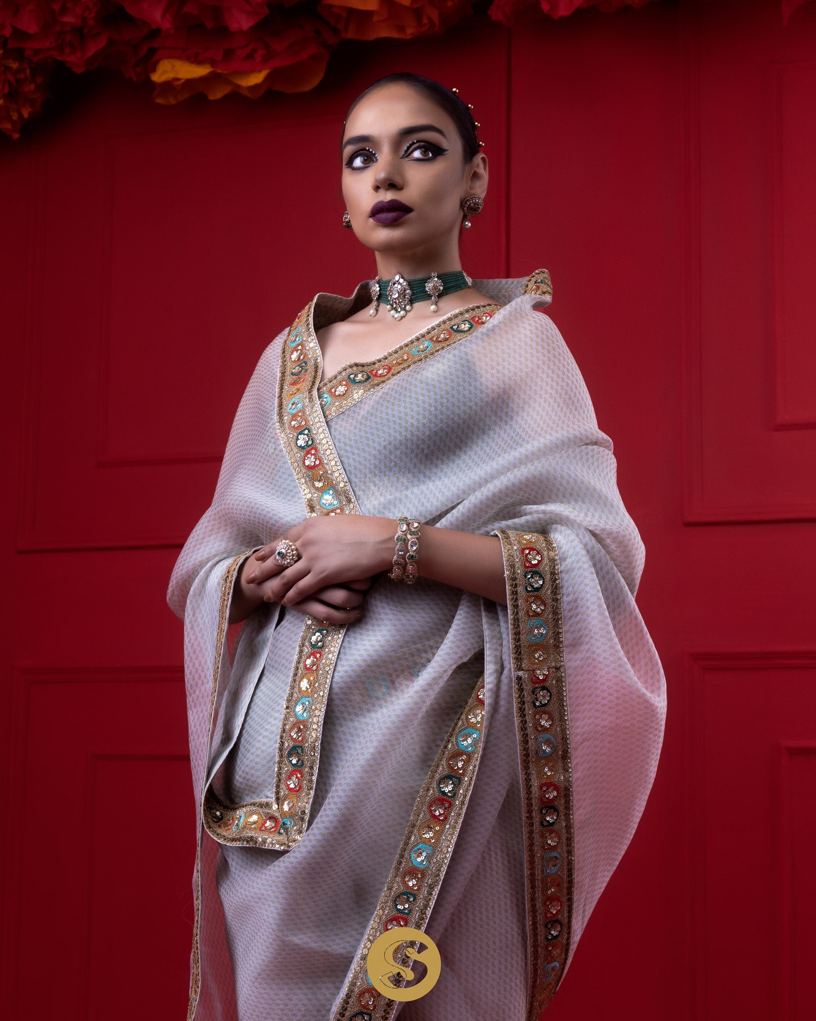 Off White Printed Organza Saree With Embroidery Border