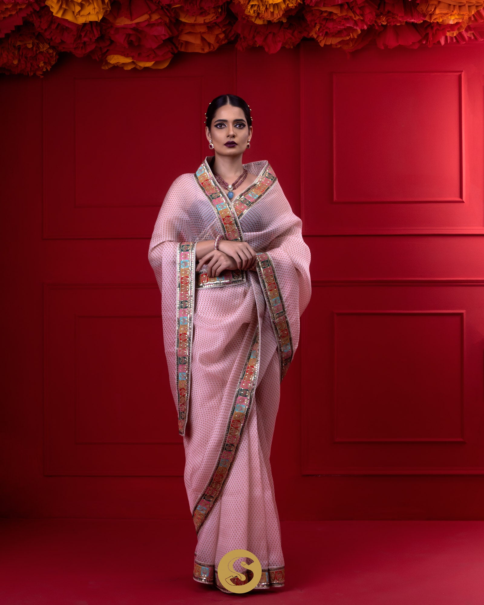 Pinkish White Printed Organza Saree With Embroidery Border