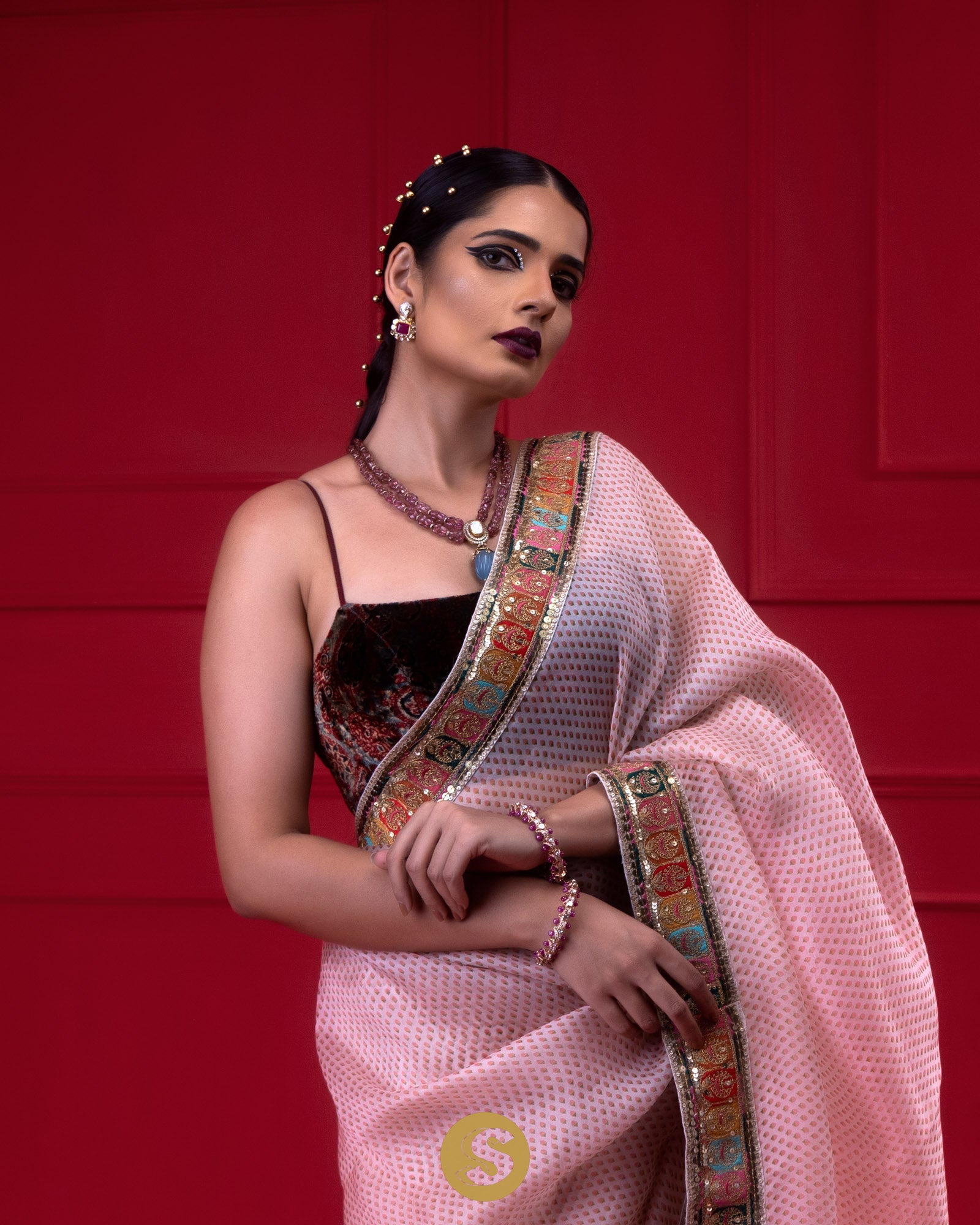 Pinkish White Printed Organza Saree With Embroidery Border