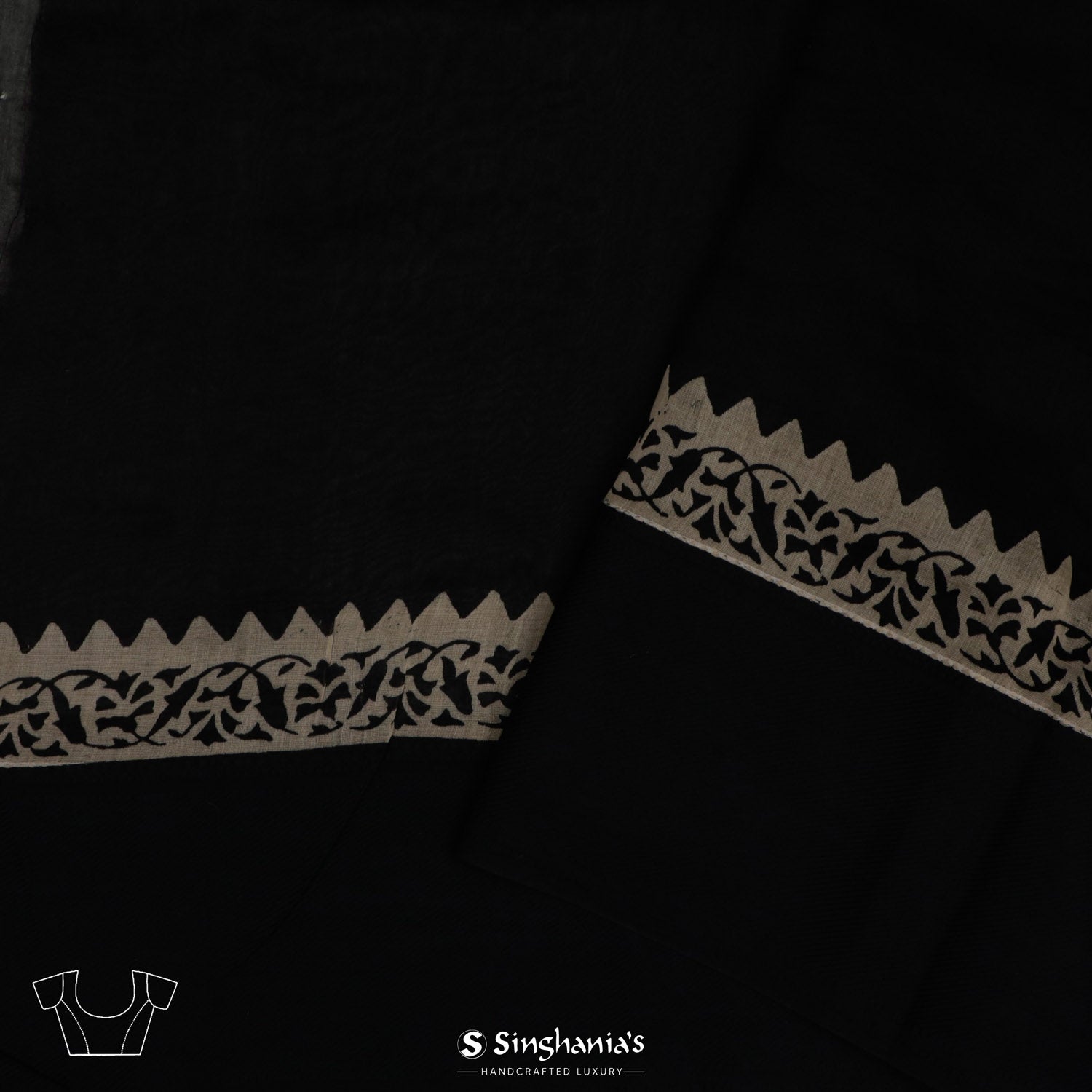 Pitch Black Printed Chanderi Saree With Different Geometrical Pattern