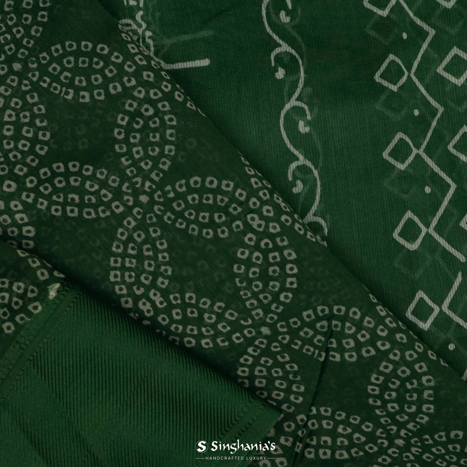Hunter Green Printed Chanderi Saree With Bandhani-Inspired Pattern