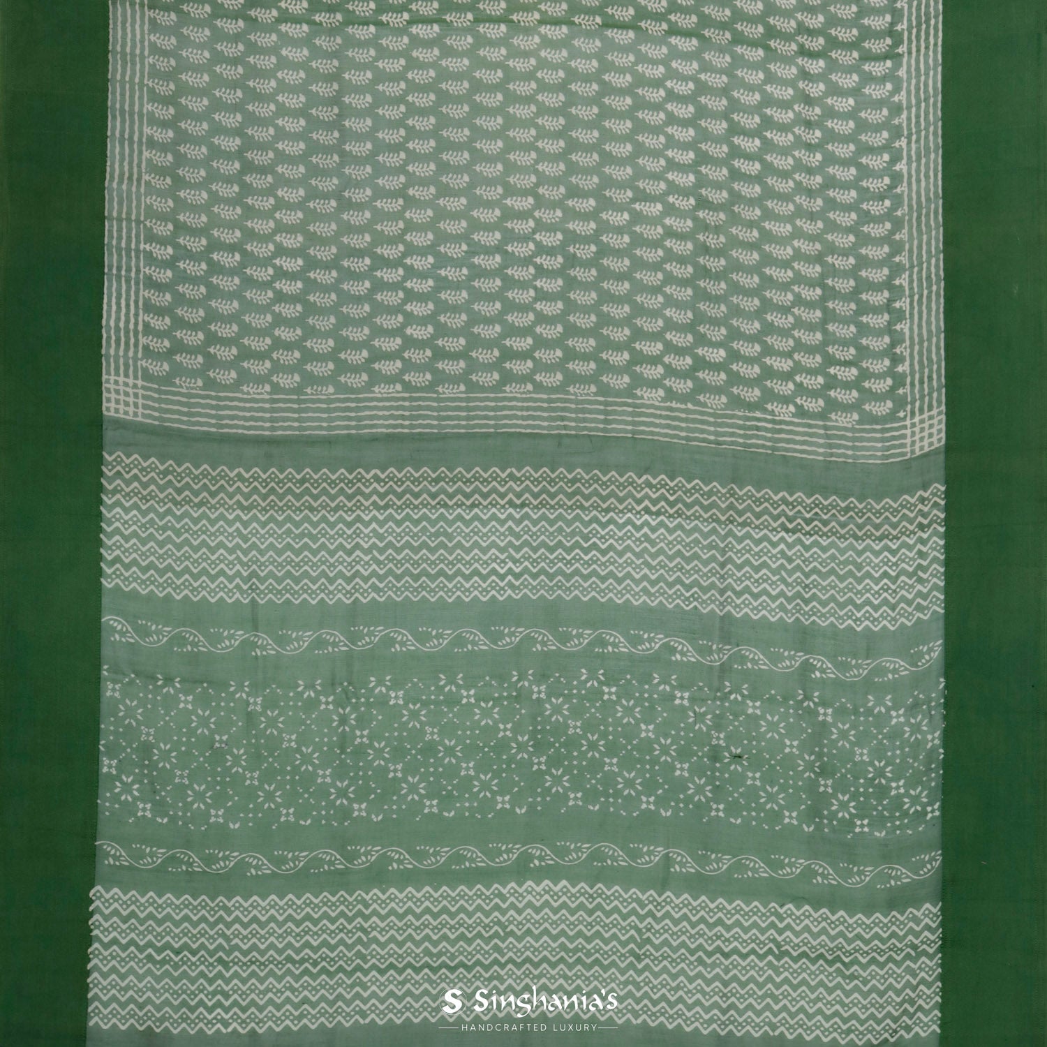 Deep Green Printed Chanderi Saree With Different Geometrical Pattern
