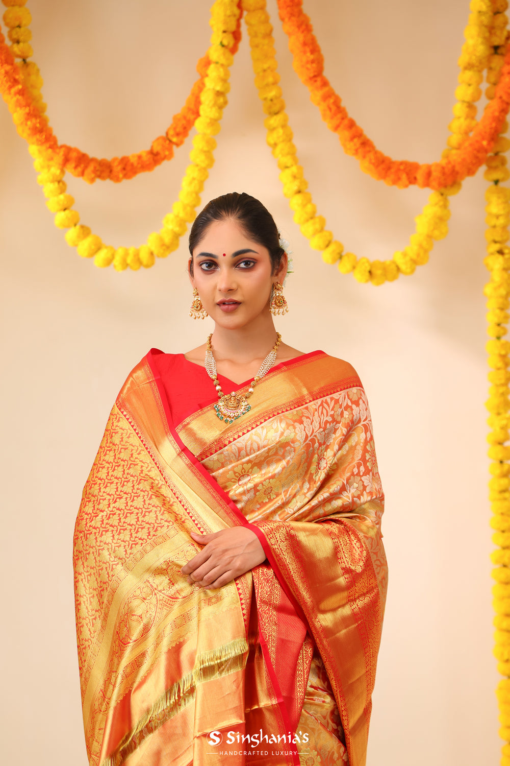 Peach Pink Tissue Kanjivaram Saree With Floral Jaal Work