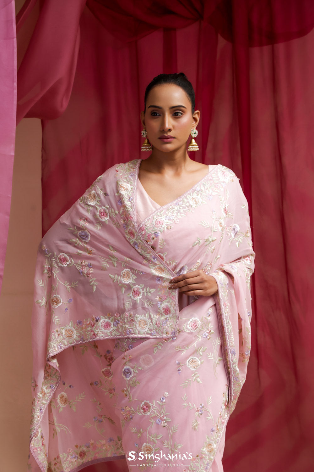 Pastel Pink Georgette Designer Saree With Floral Embroidery