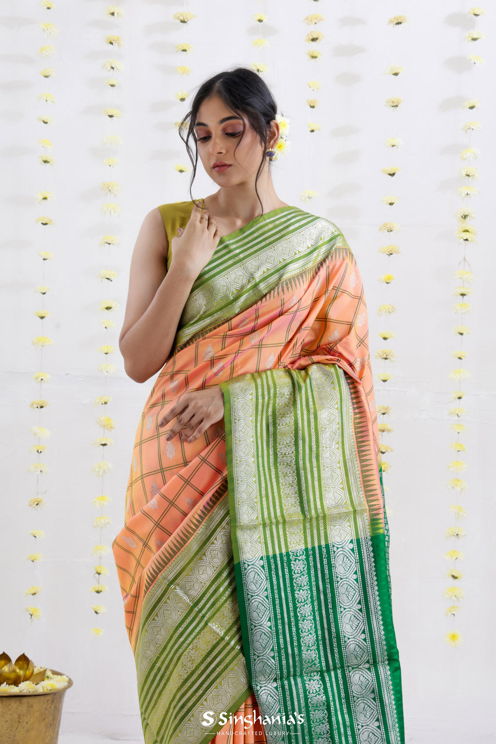 Salmon Peach Venkatagiri Silk Saree With Contrast Border