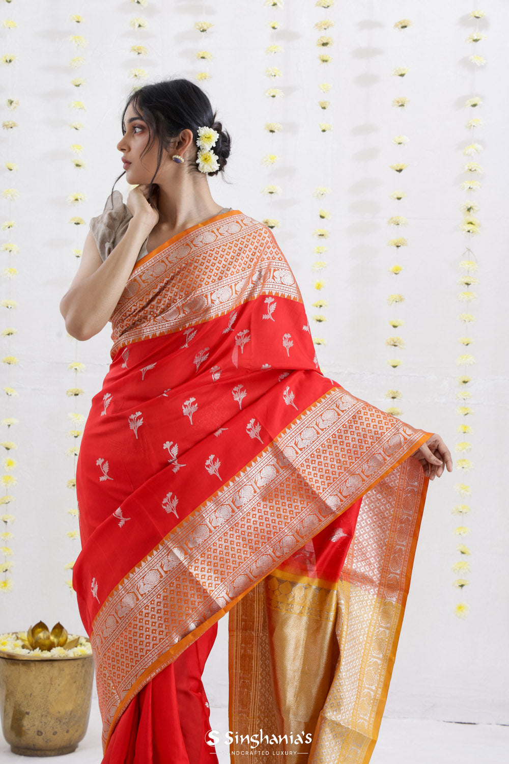 Imperial Red Venkatagiri Silk Saree With Floral Buttas