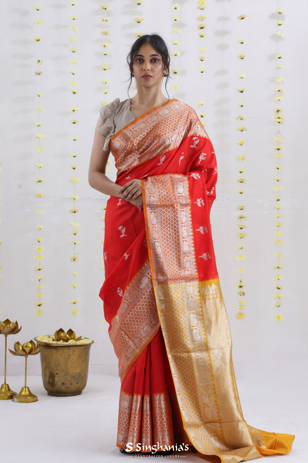 Imperial Red Venkatagiri Silk Saree With Floral Buttas