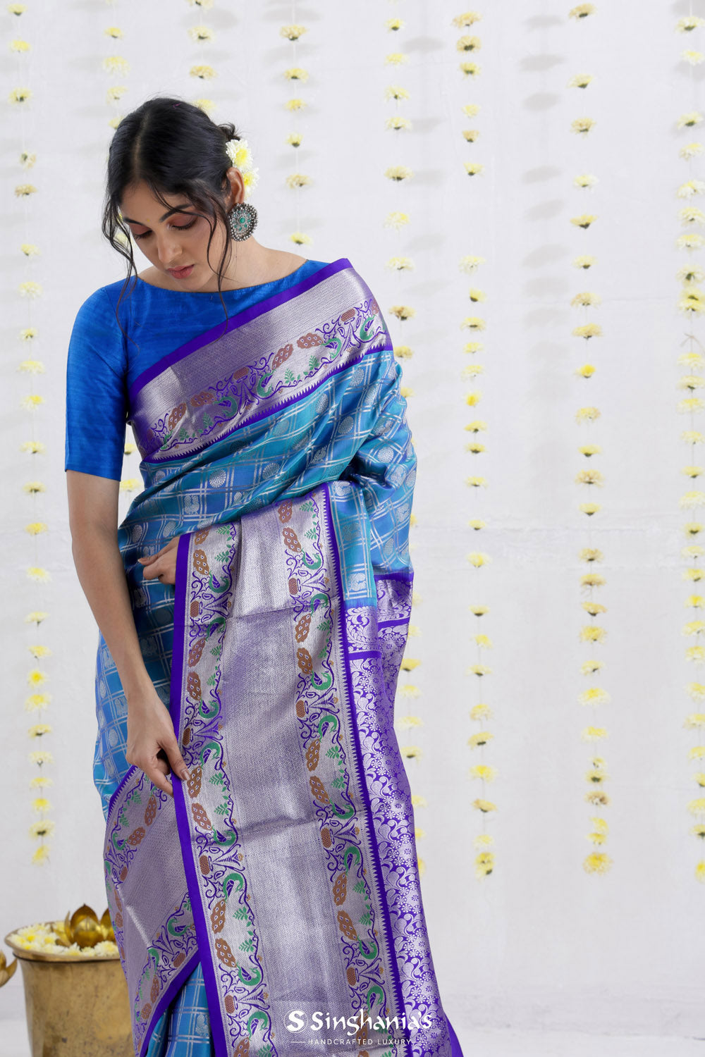 Cornflower Blue Venkatagiri Silk Saree With Contrast Border