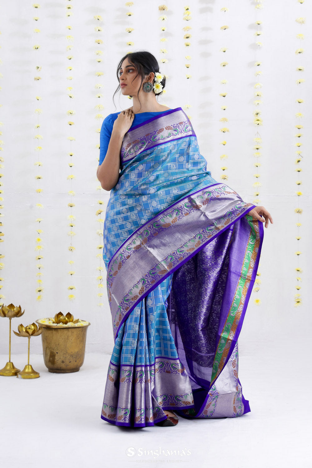 Cornflower Blue Venkatagiri Silk Saree With Contrast Border