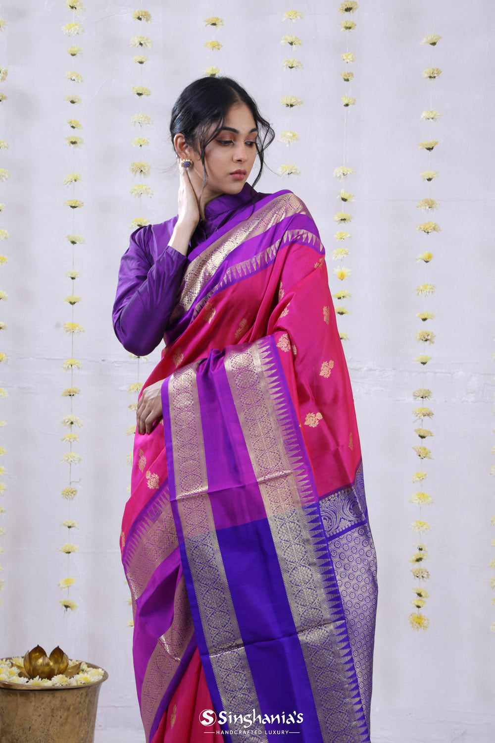 Cerise Pink Venkatagiri Silk Saree With Contrast Border