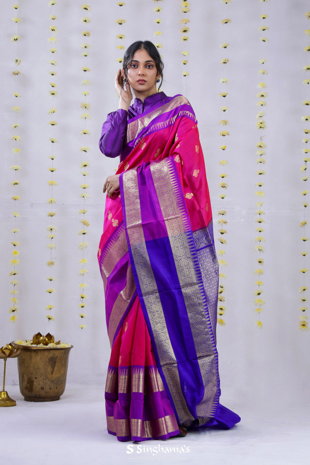 Cerise Pink Venkatagiri Silk Saree With Contrast Border