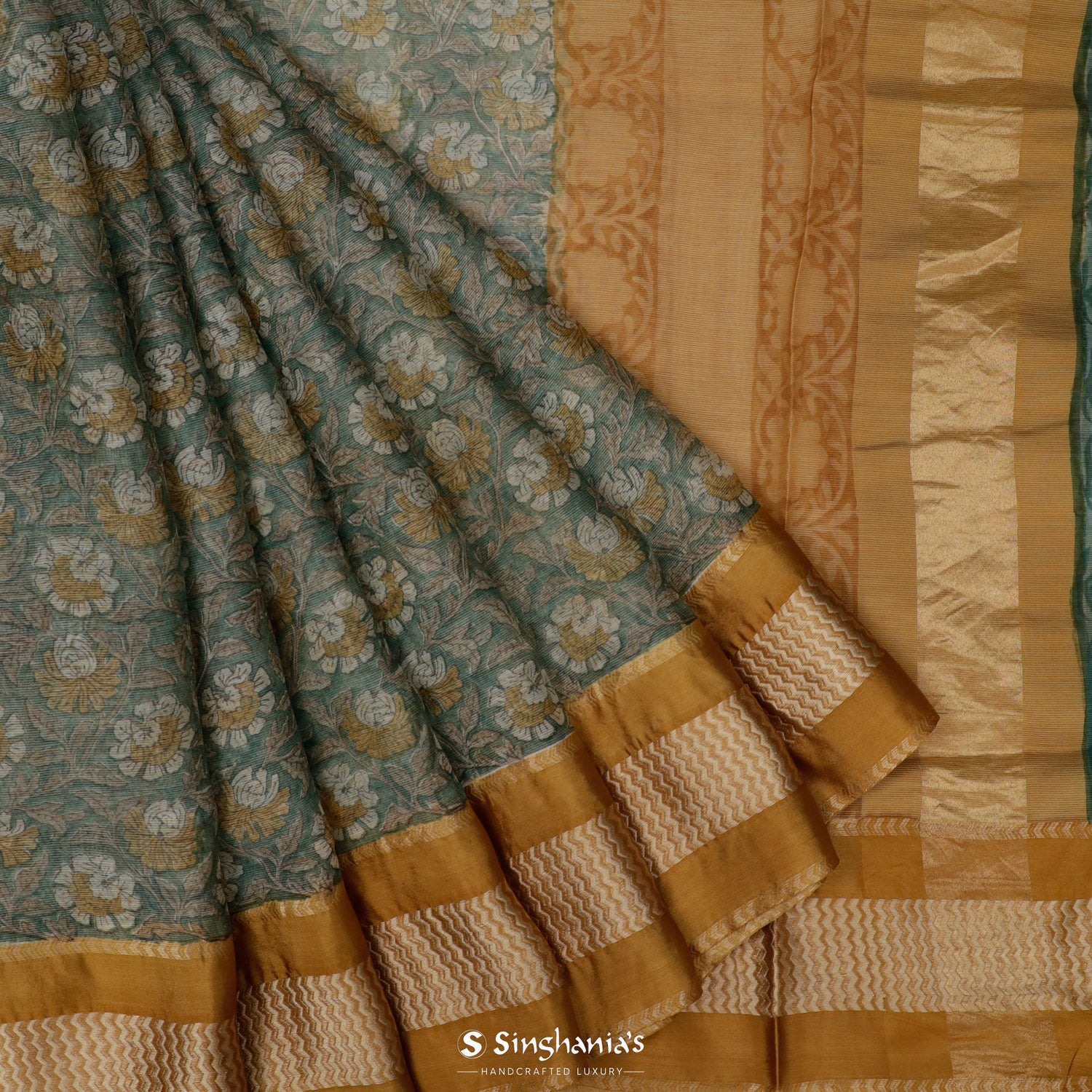 Camouflage Green Printed Maheshwari Saree With Floral Pattern