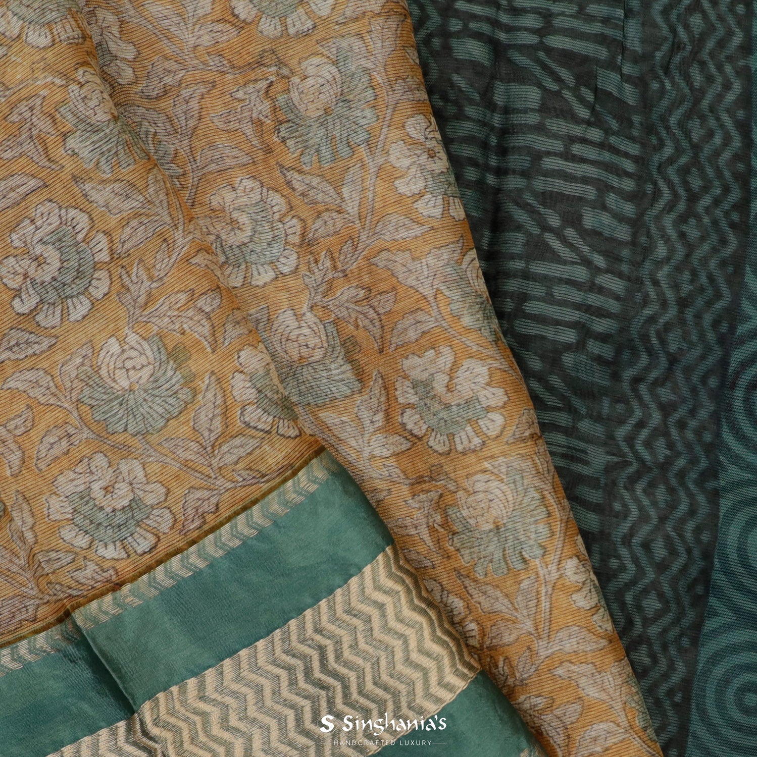 Pale Yellow Printed Maheshwari Saree With Floral Pattern