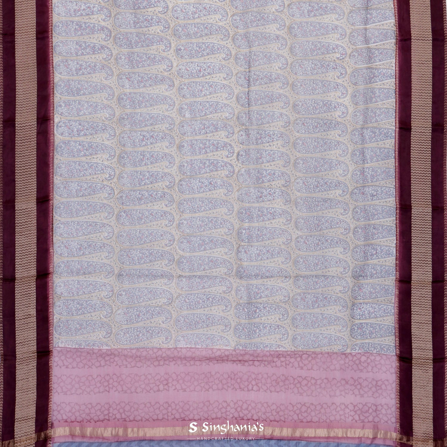 Grayish-Brown Printed Maheshwari Saree With Paisley Pattern