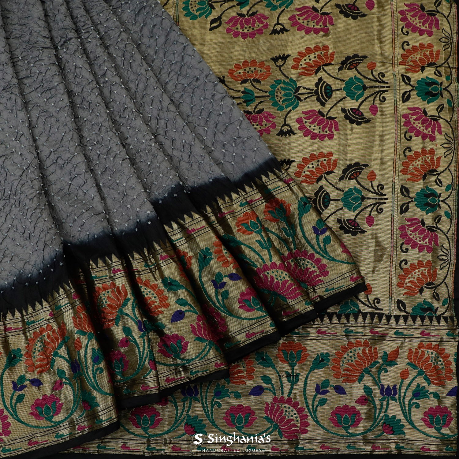 Slate Gray Printed Silk Saree With Bandhani Pattern