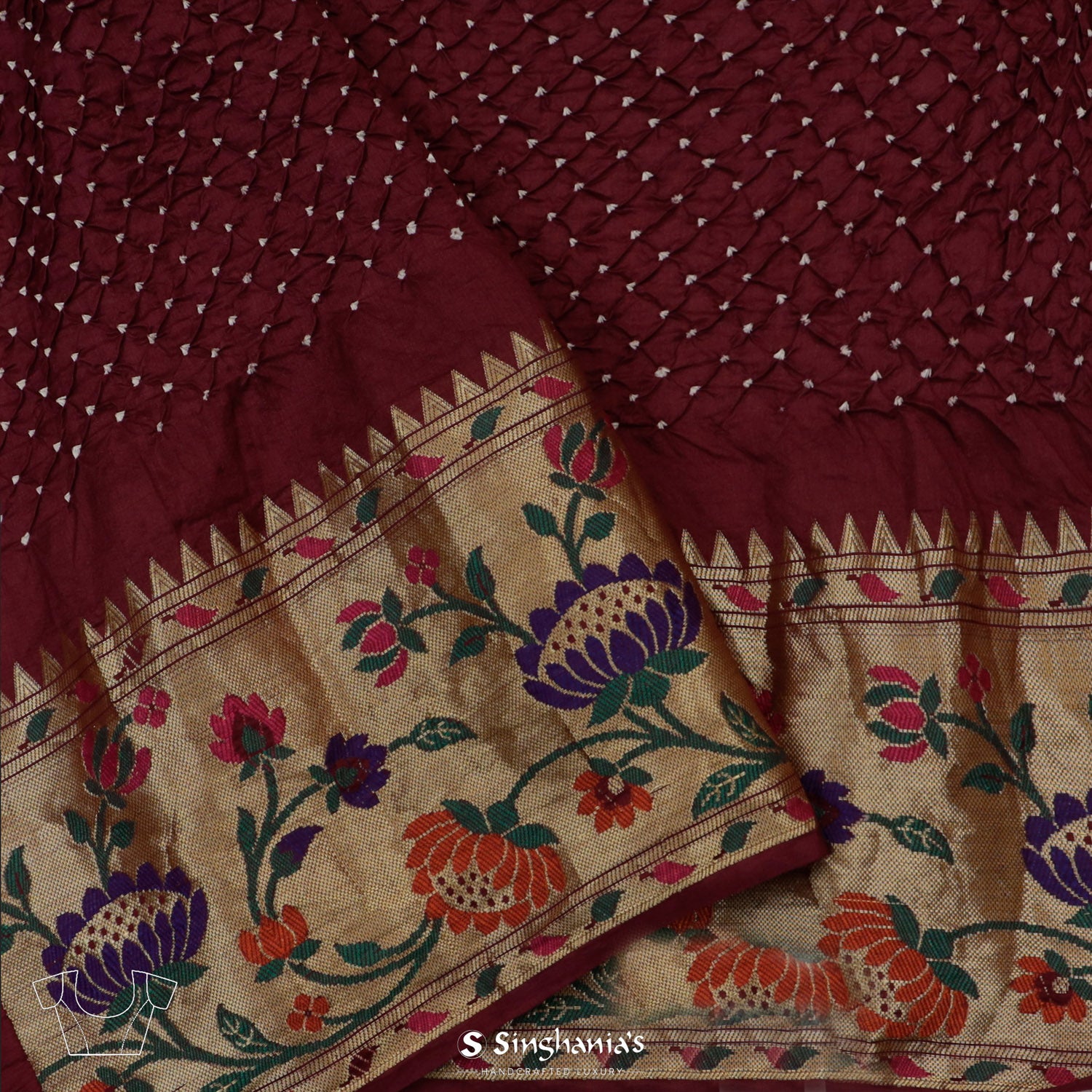 Cordovan Red Printed Silk Saree With Bandhani Pattern